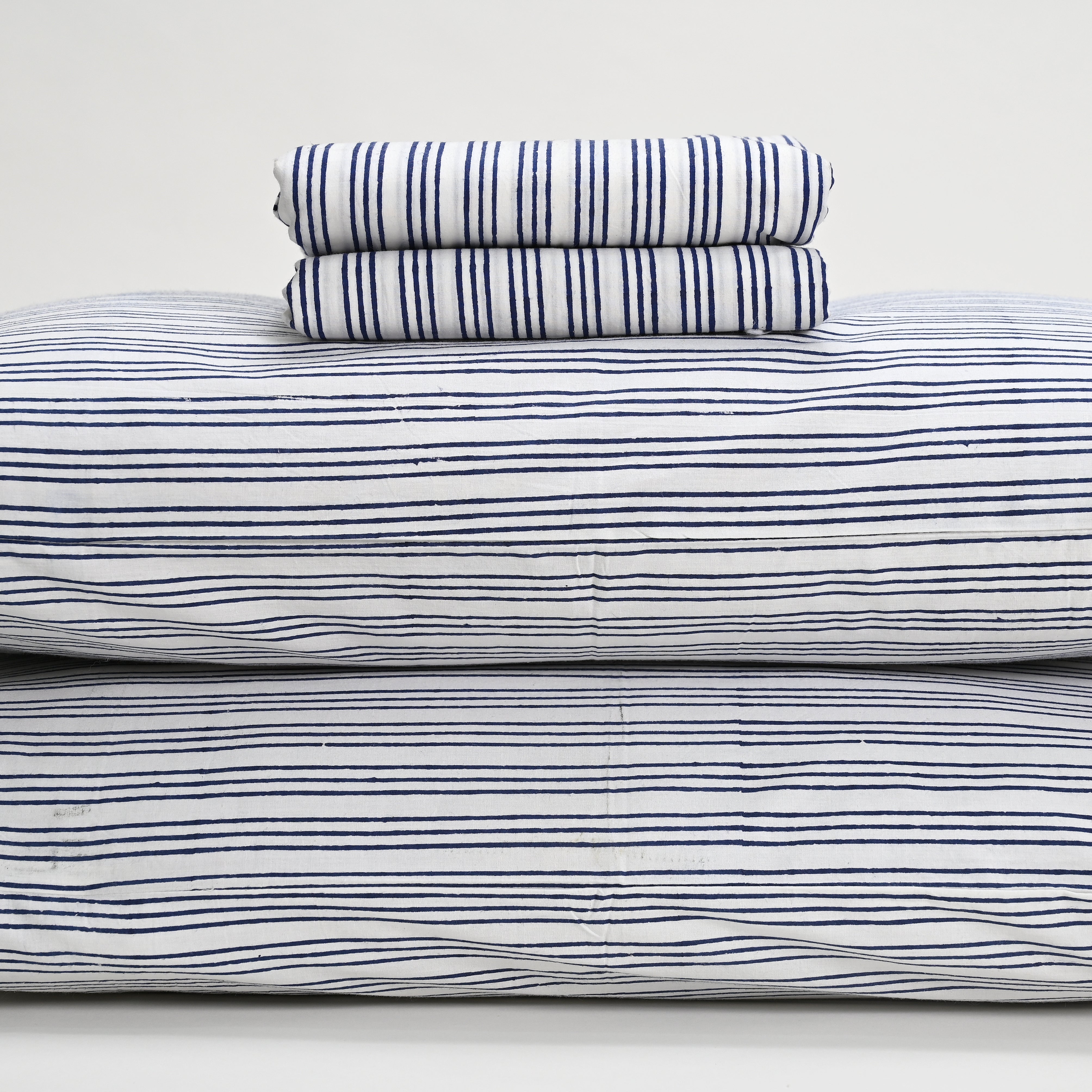 Triple Stripes Blue Block Printed Bed Sheet with set of shams