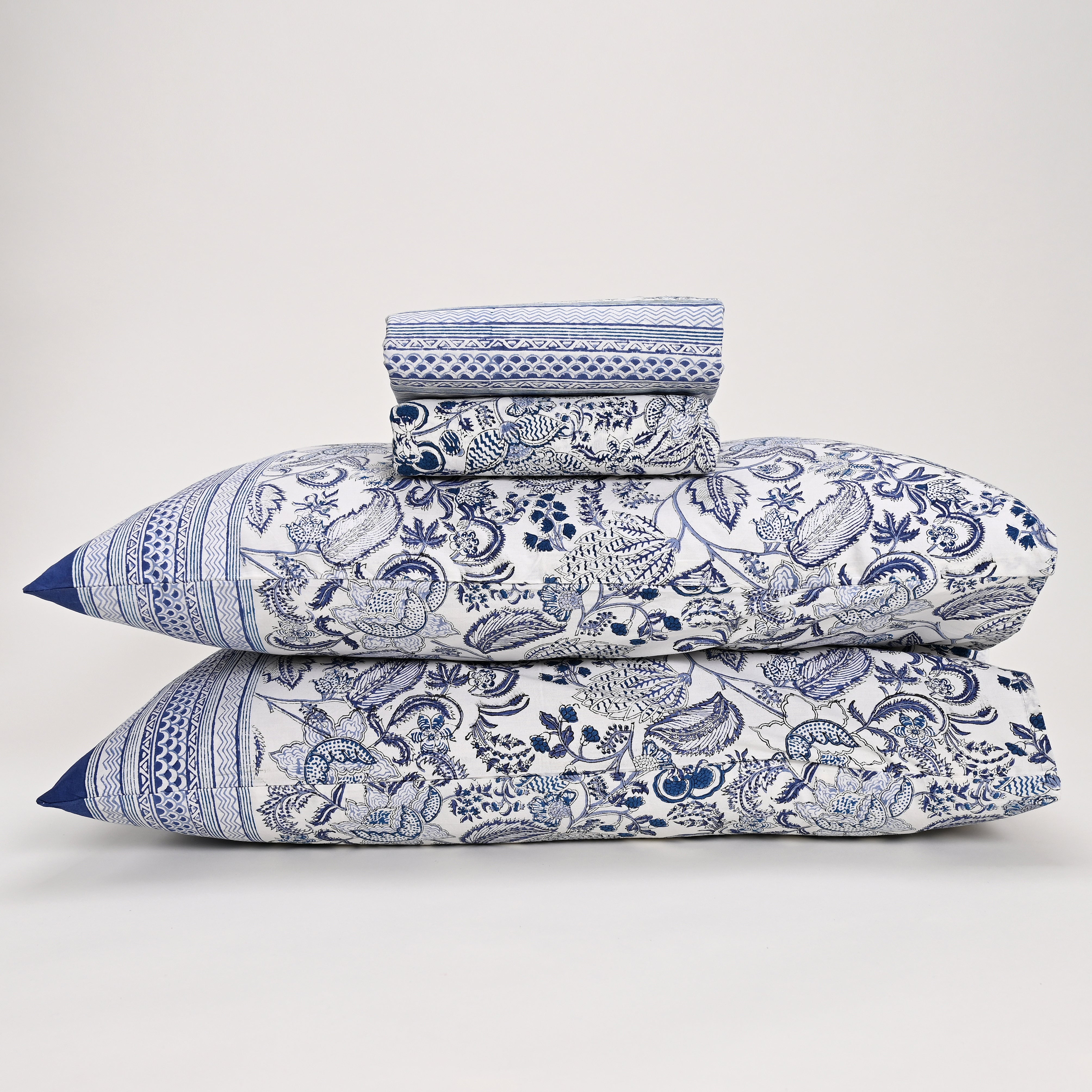 Euphoria Blue Block Printed Bed Sheet with set of 2 Shams