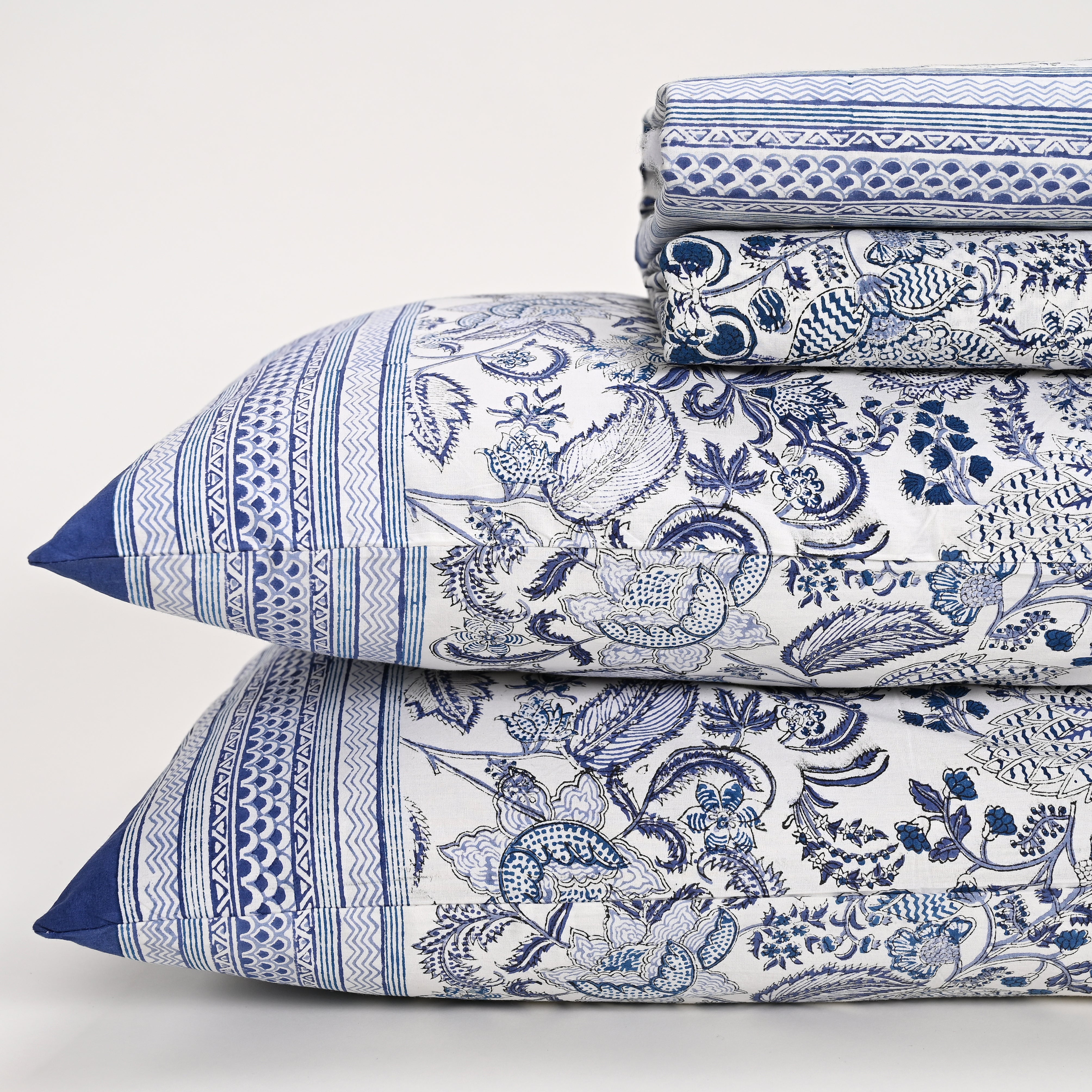 Euphoria Blue Block Printed Bed Sheet with set of 2 Shams