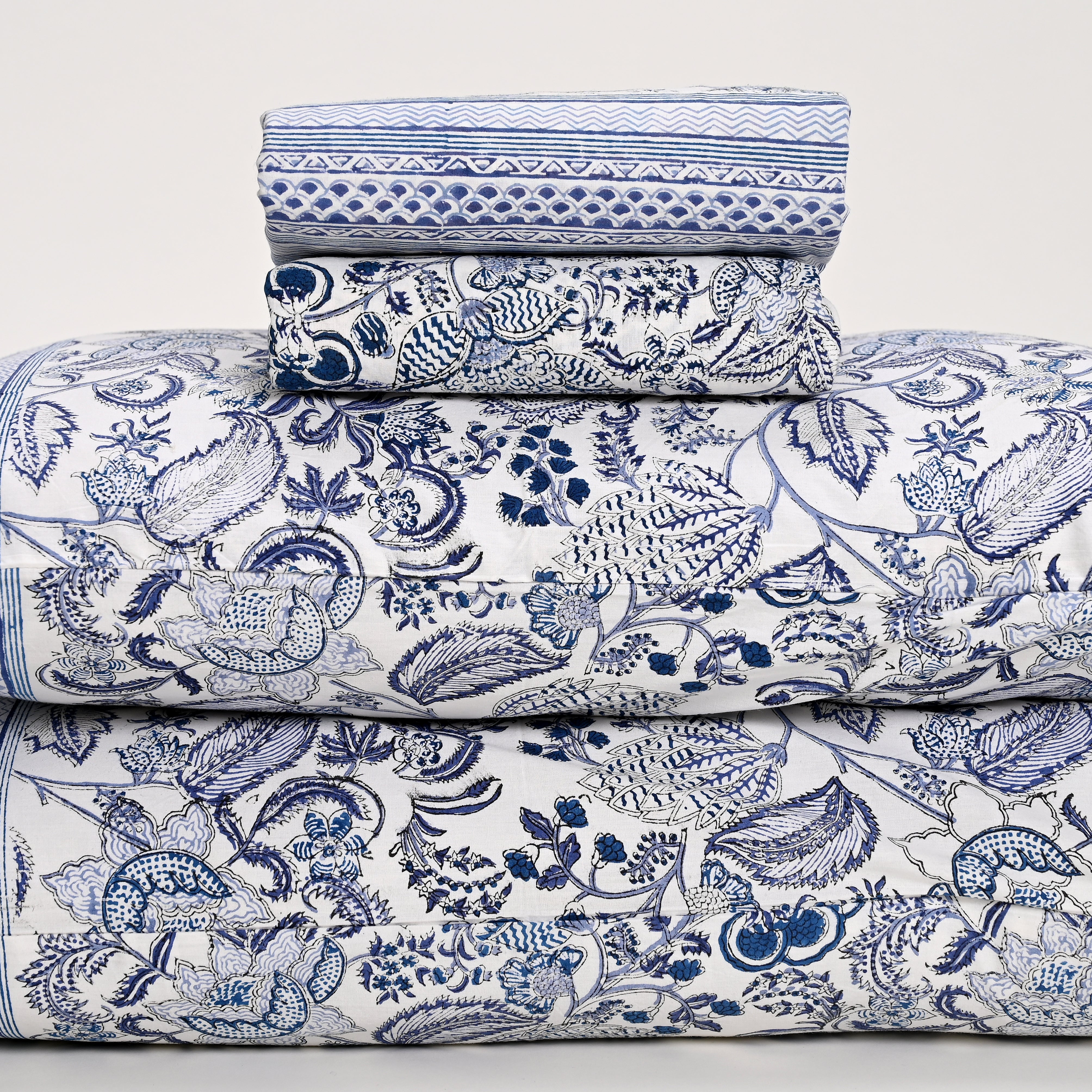 Euphoria Blue Block Printed Bed Sheet with set of 2 Shams