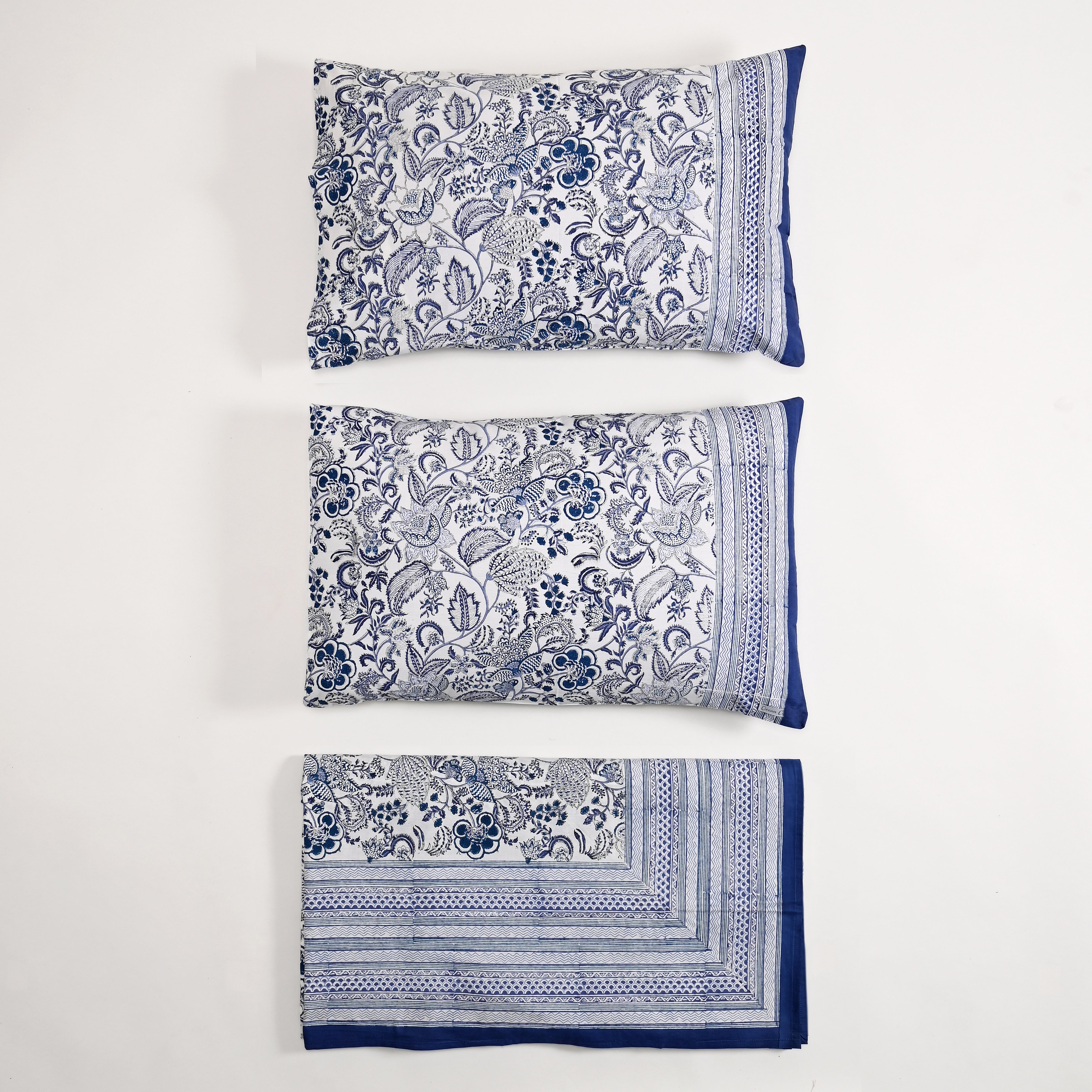 Euphoria Blue Block Printed Bed Sheet with set of 2 Shams