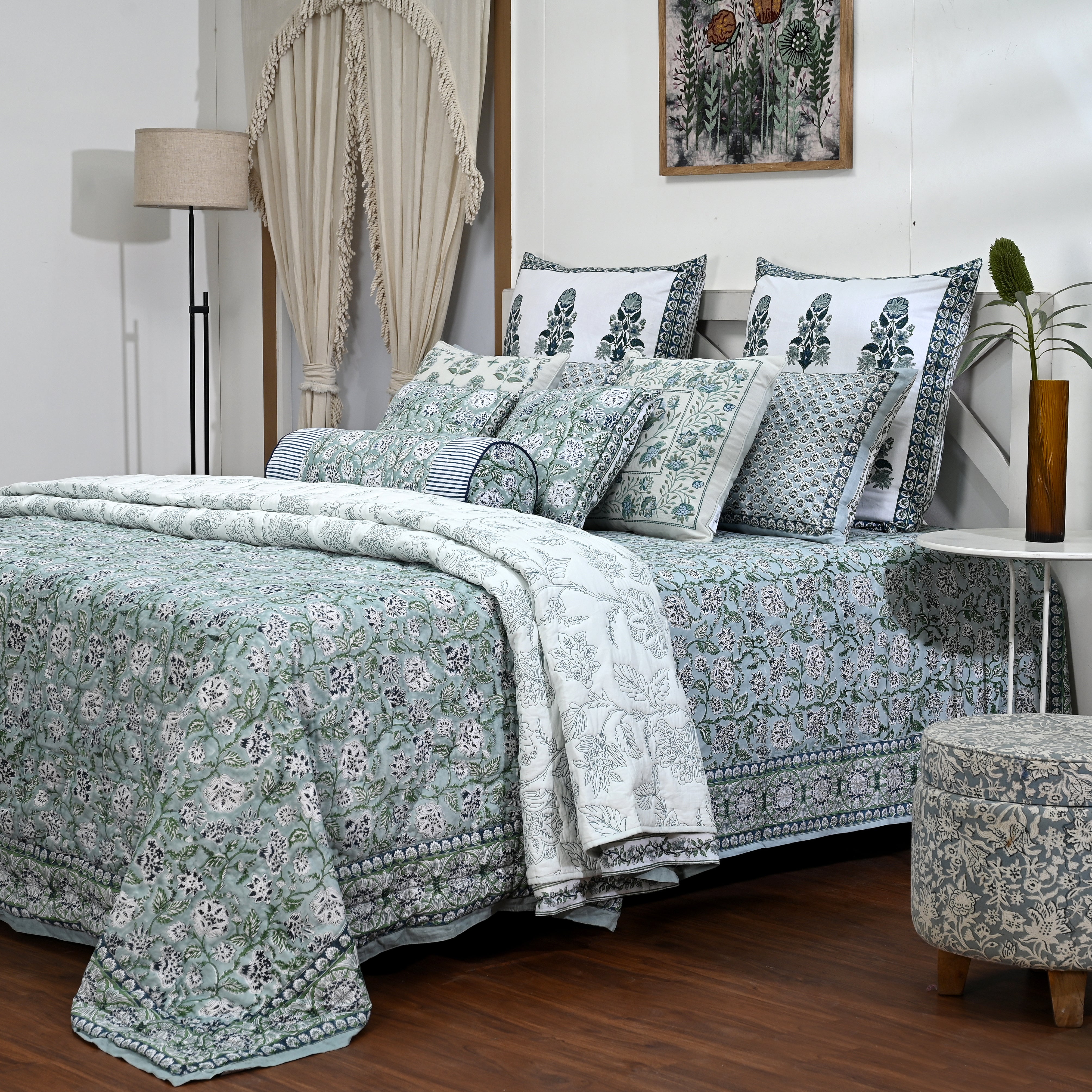 Hanami Hand Block Printed King Bedding Set | 100% Cotton | Quilt & Embroidered Coverlet
