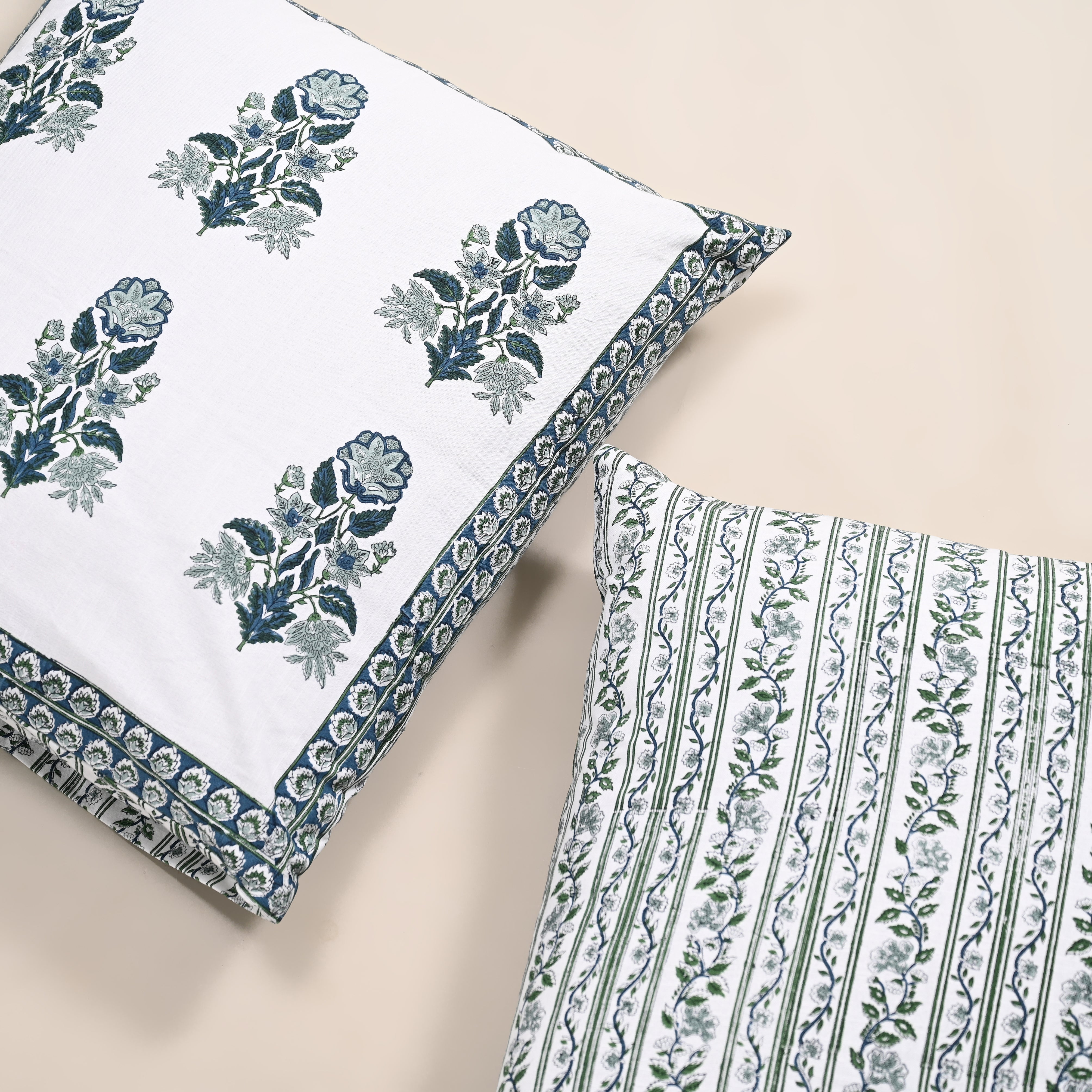 Hanami Hand Block Printed King Bedding Set | 100% Cotton | Quilt & Embroidered Coverlet