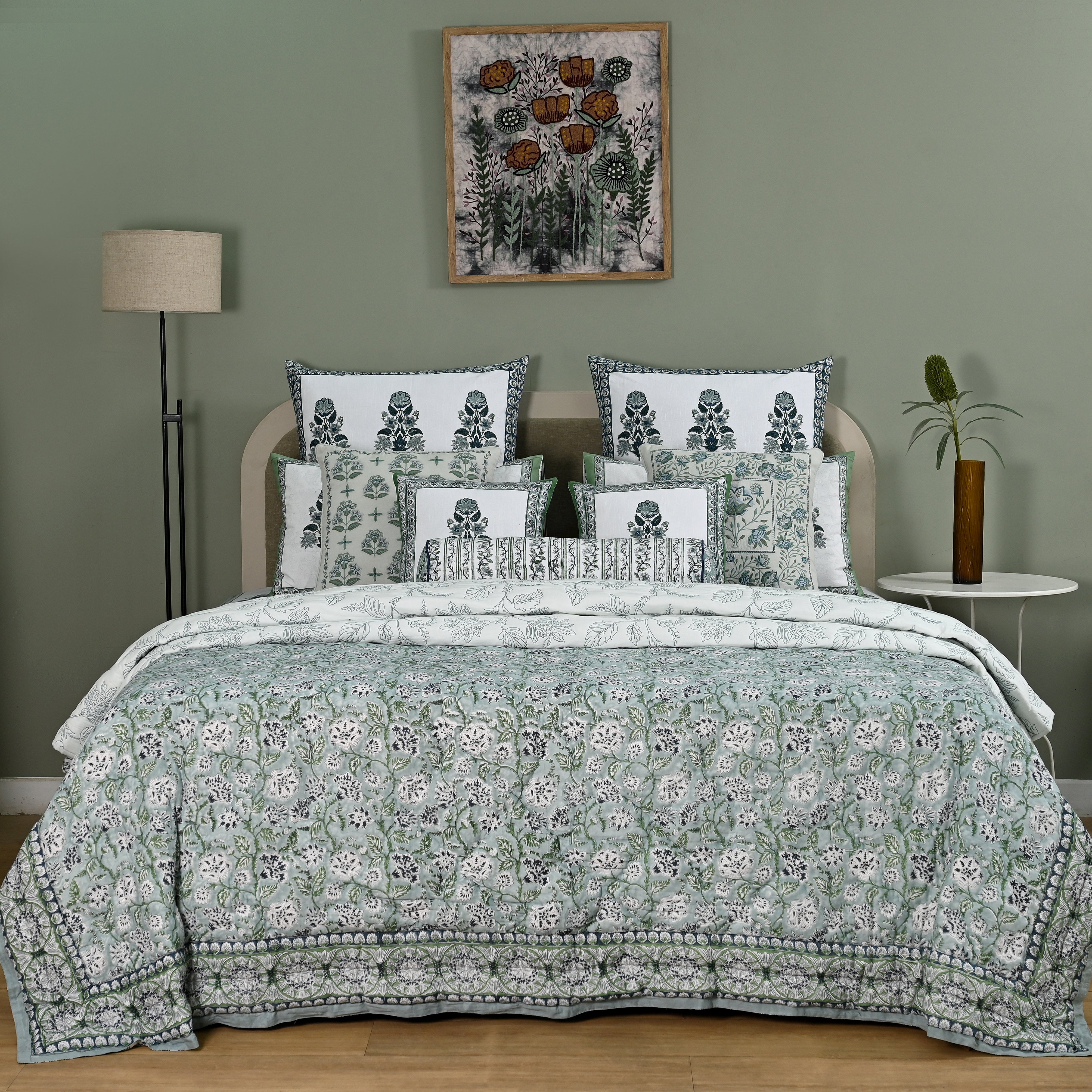 Hanami Hand Block Printed King Bedding Set | 100% Cotton | Quilt & Embroidered Coverlet