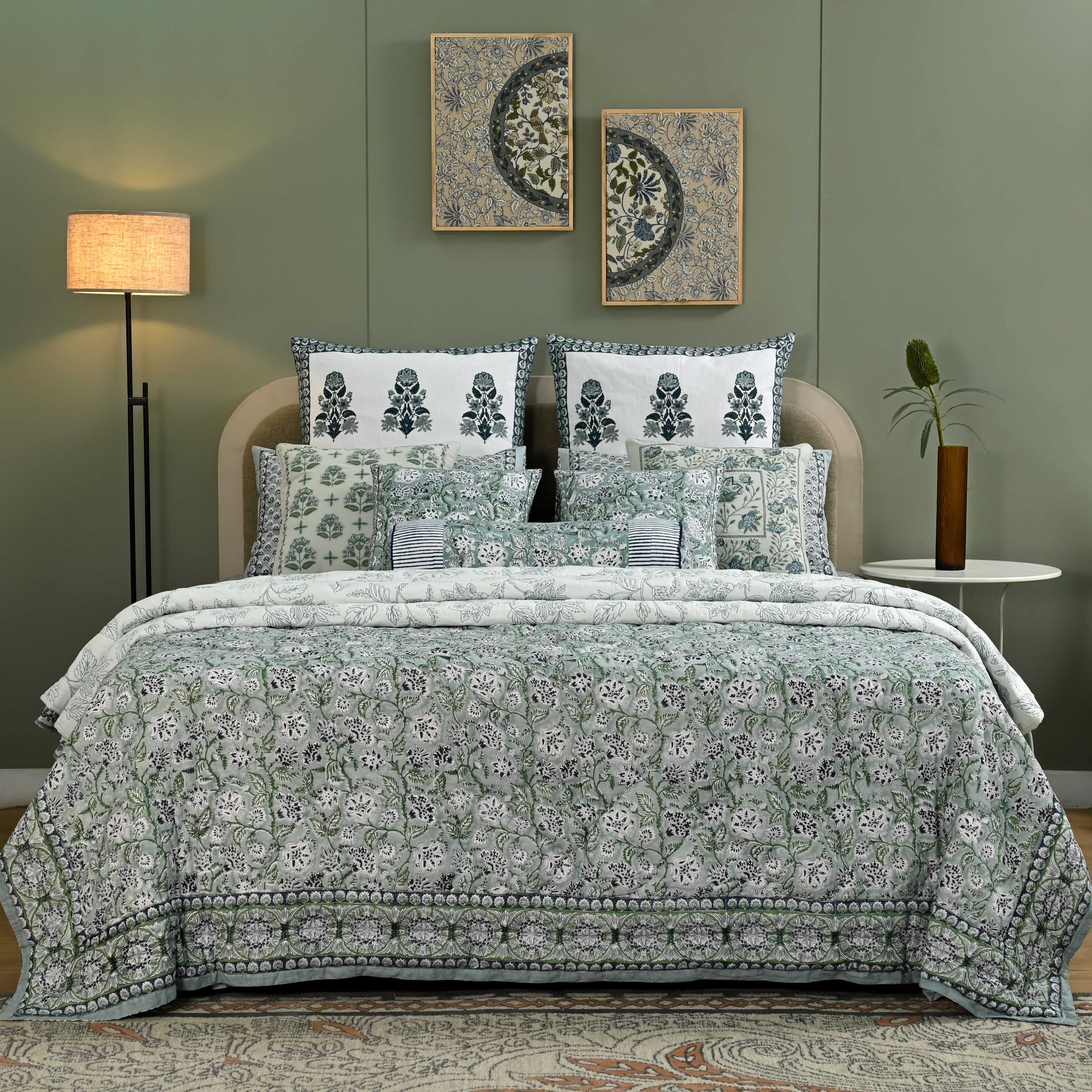 Hanami Jaal 12-Piece King Bedding Set | 100% Cotton | Block-Printed Quilt & Embroidered Coverlet