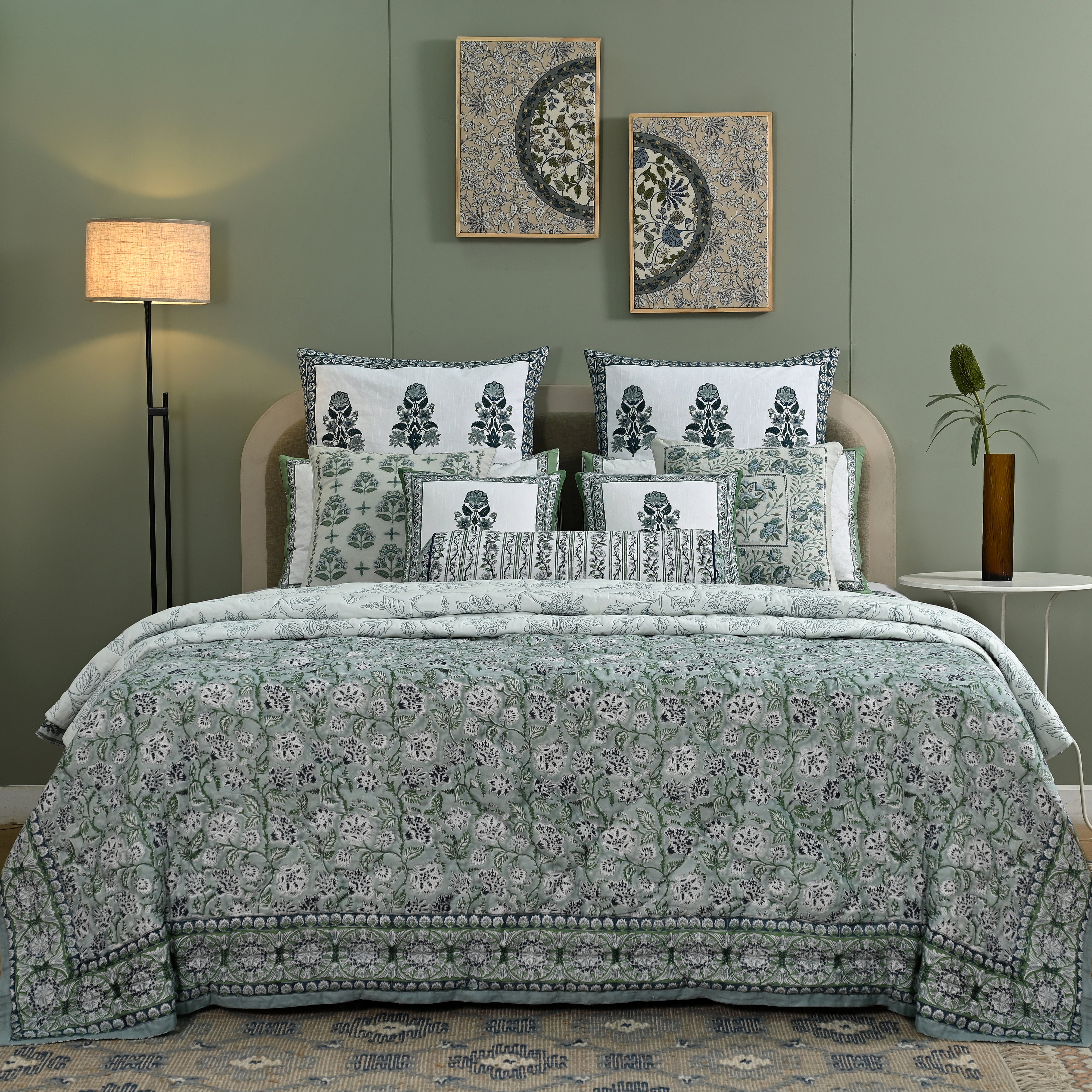 Hanami Buta 12-Piece King Bedding Set | 100% Cotton | Block-Printed Quilt & Embroidered Coverlet