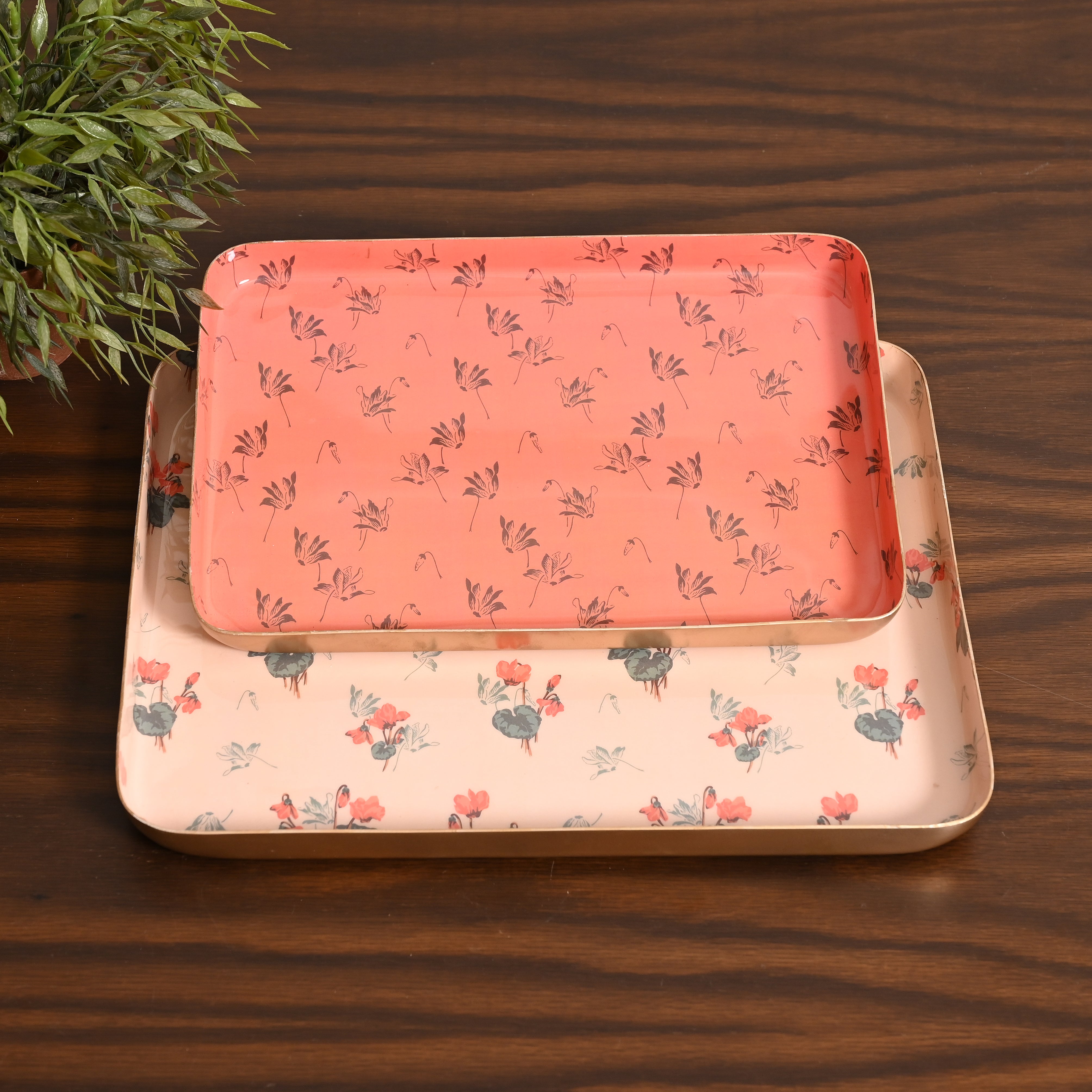 Floral Harmony Set of Two Aluminium Trays