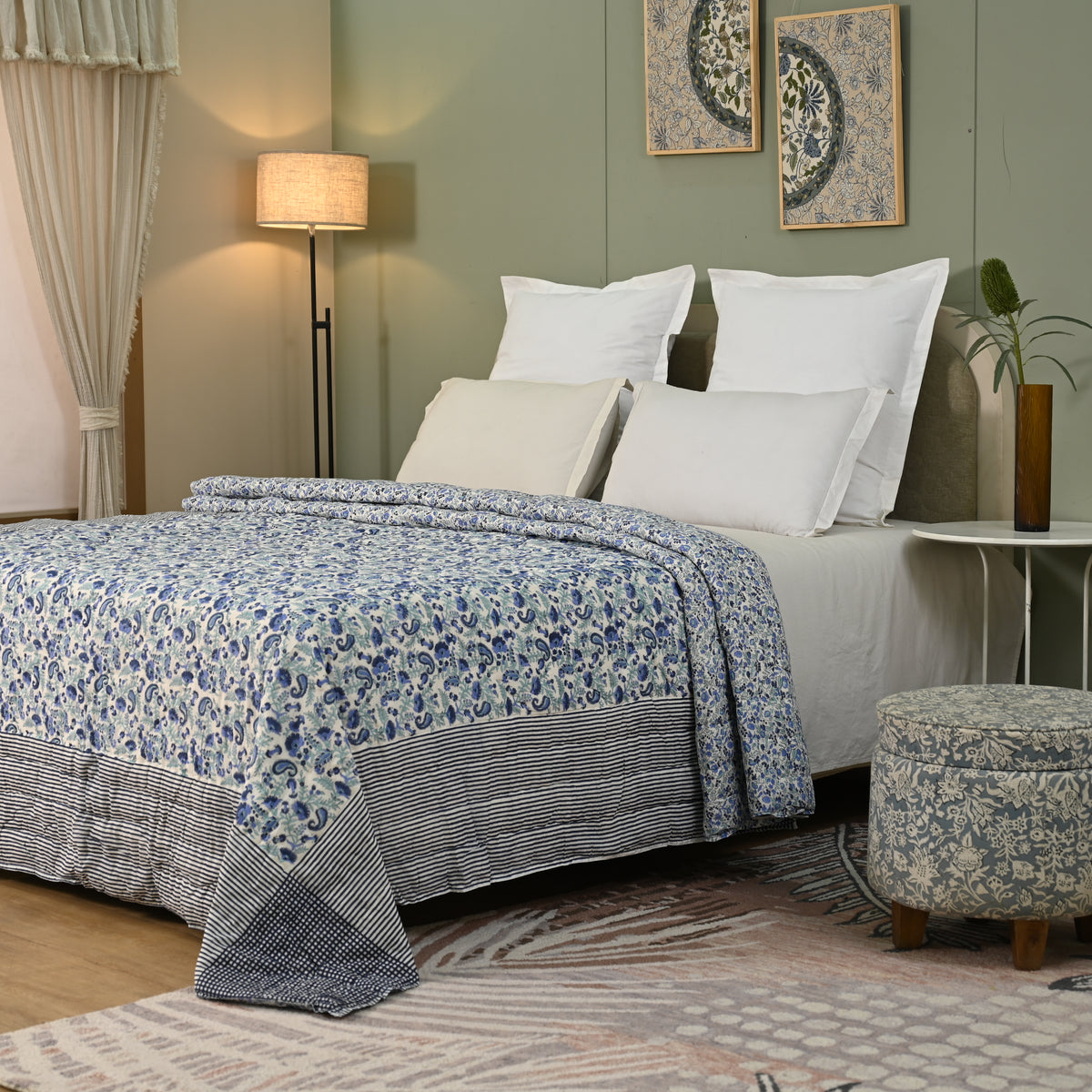 Anjuman Blue Block Printed Reversible Quilt
