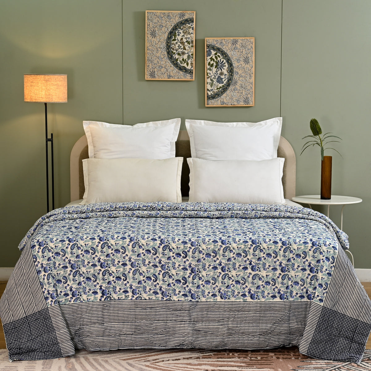Anjuman Blue Block Printed Reversible Quilt