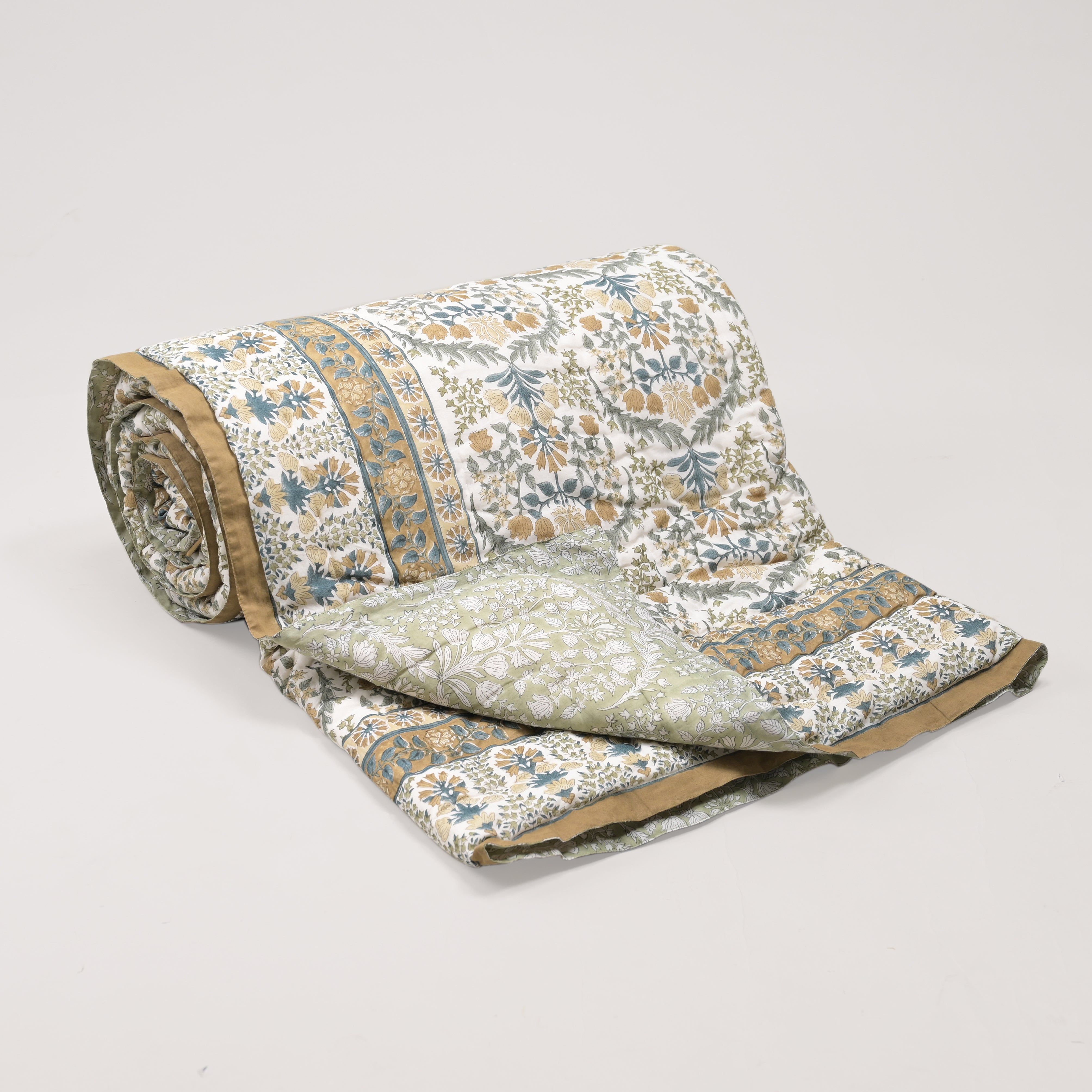 Florentina Tan Block Printed Reversible Quilt