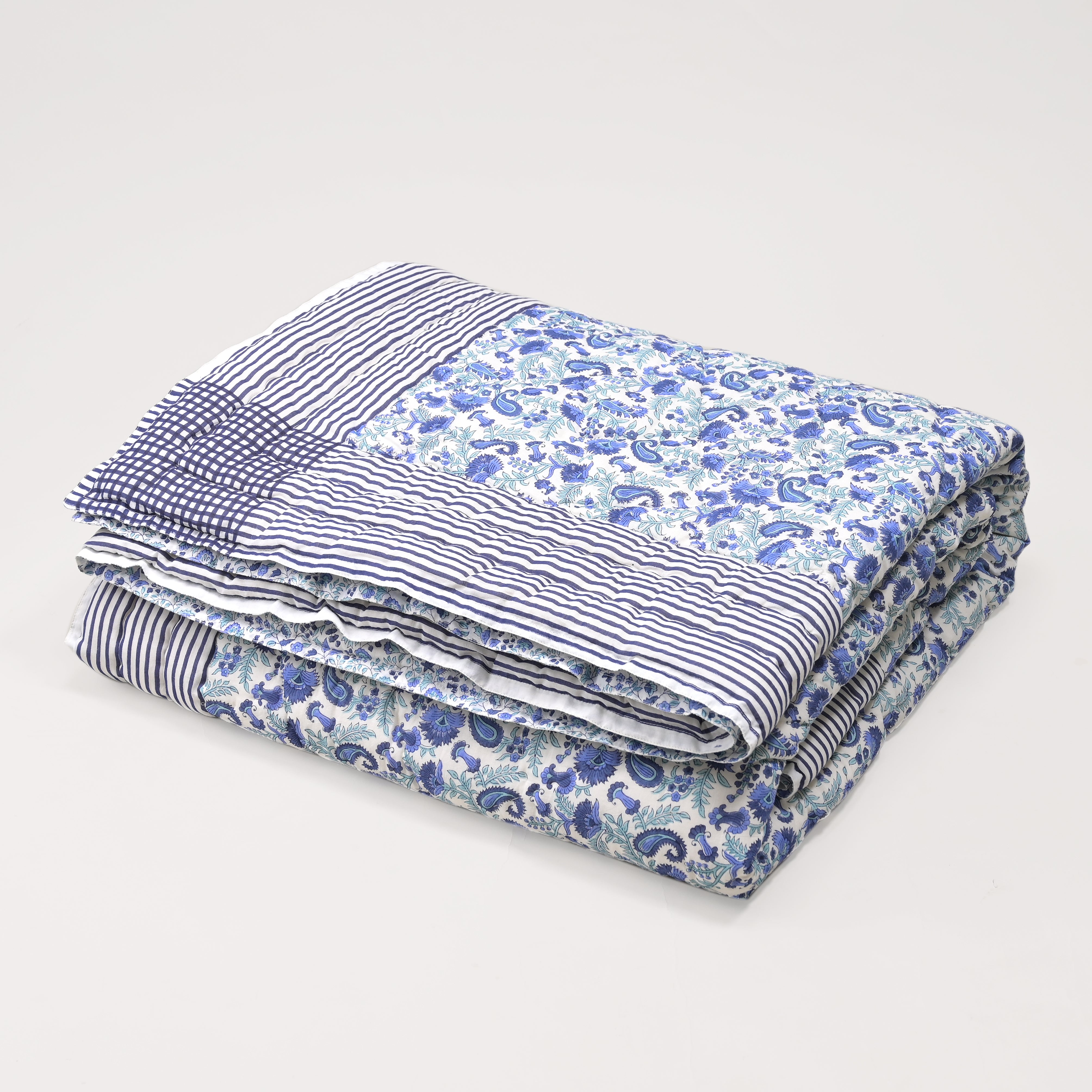 Anjuman Blue Block Printed Reversible Quilt