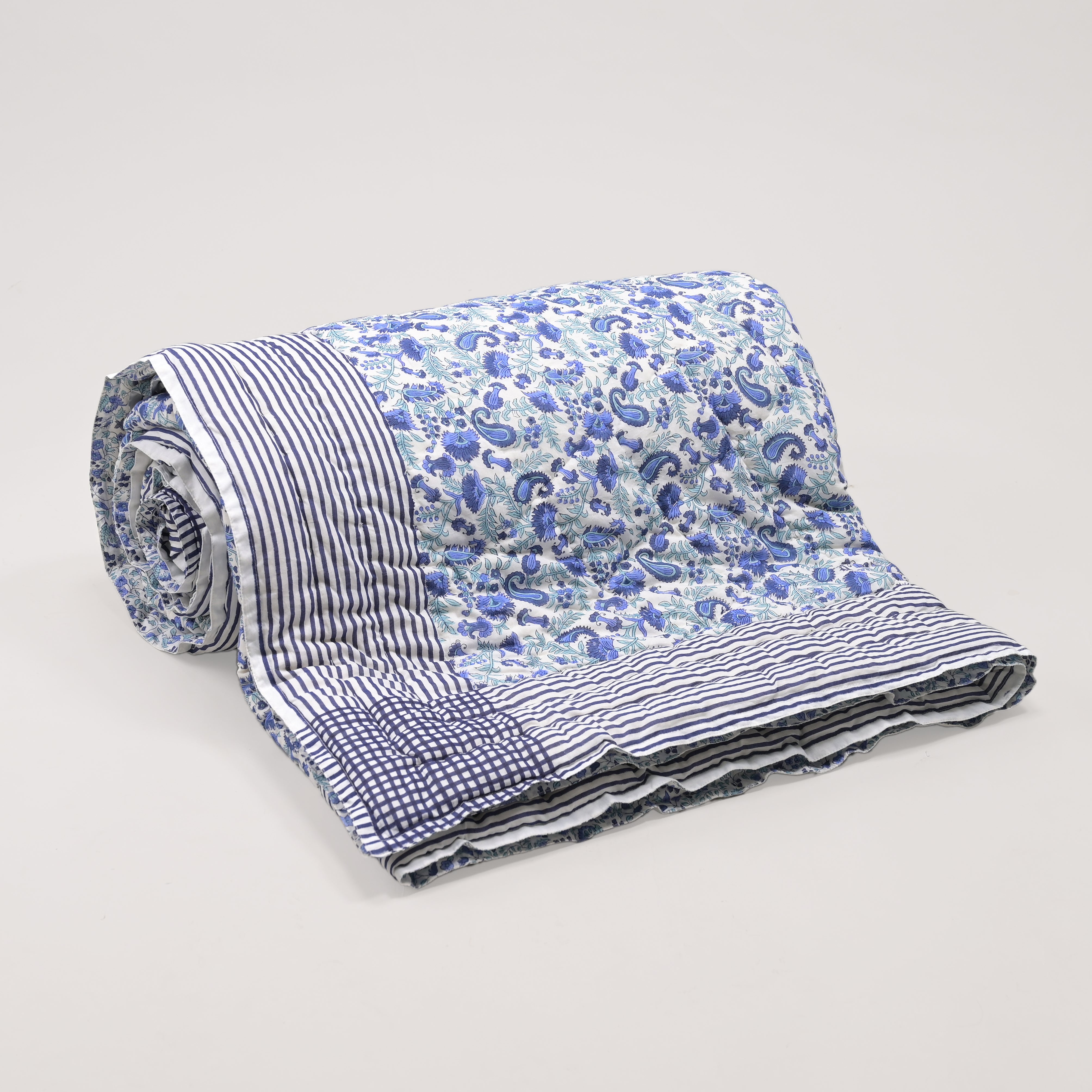 Anjuman Blue Block Printed Reversible Quilt