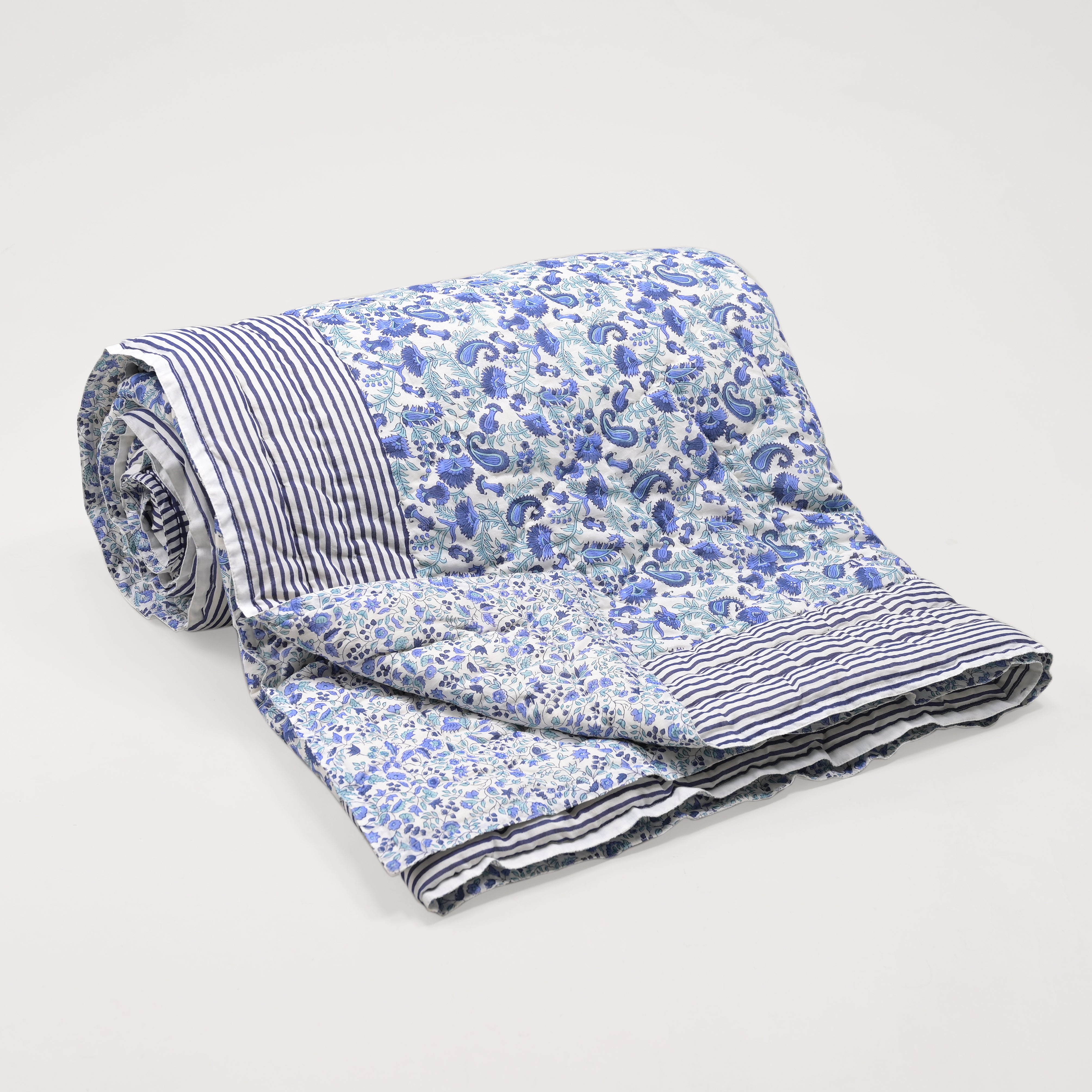 Anjuman Blue Block Printed Reversible Quilt