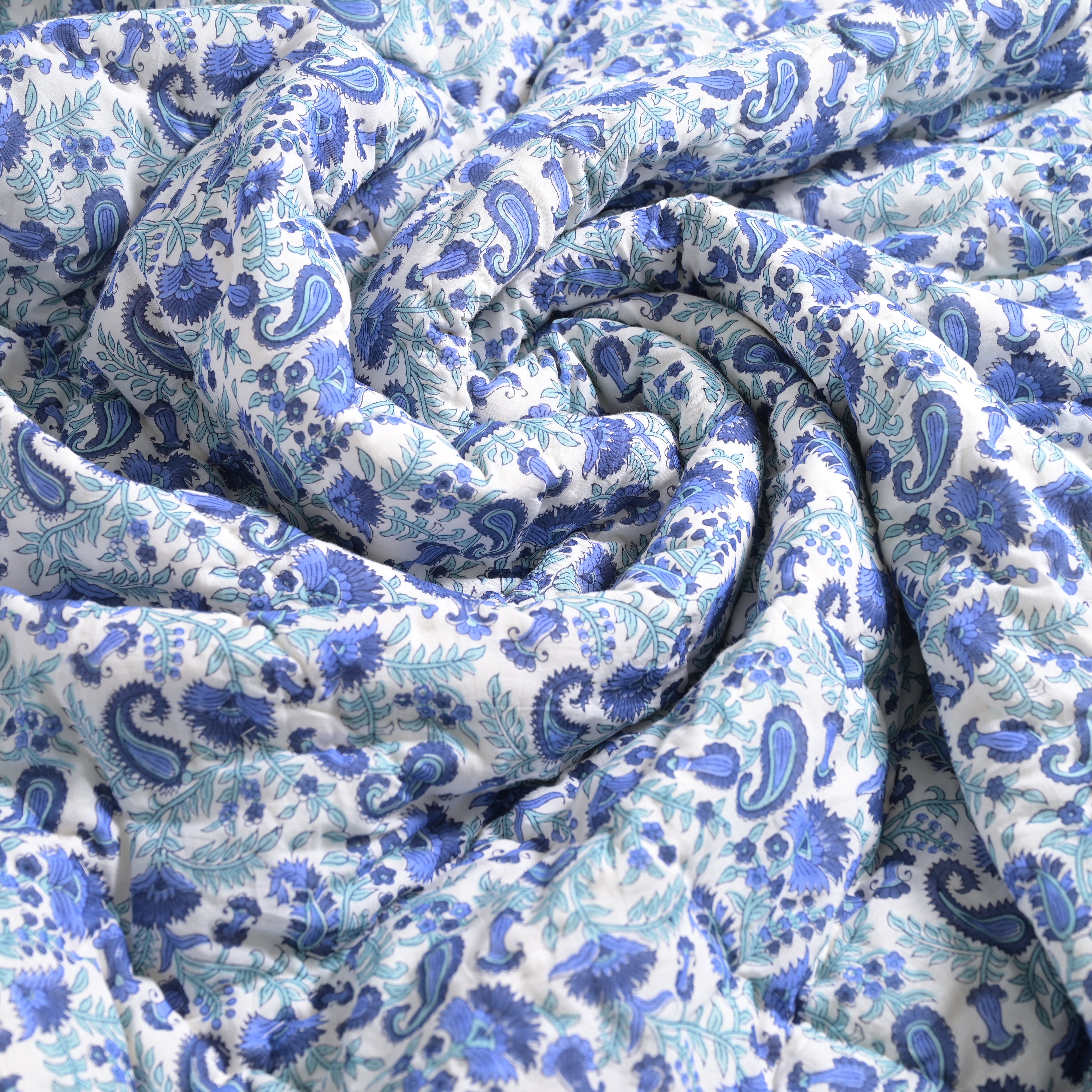 Anjuman Blue Block Printed Reversible Quilt