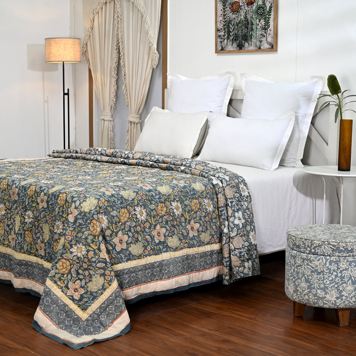 Floral Fantasy Floral Print Cotton Quilt – Handcrafted Jaipuri Bedding