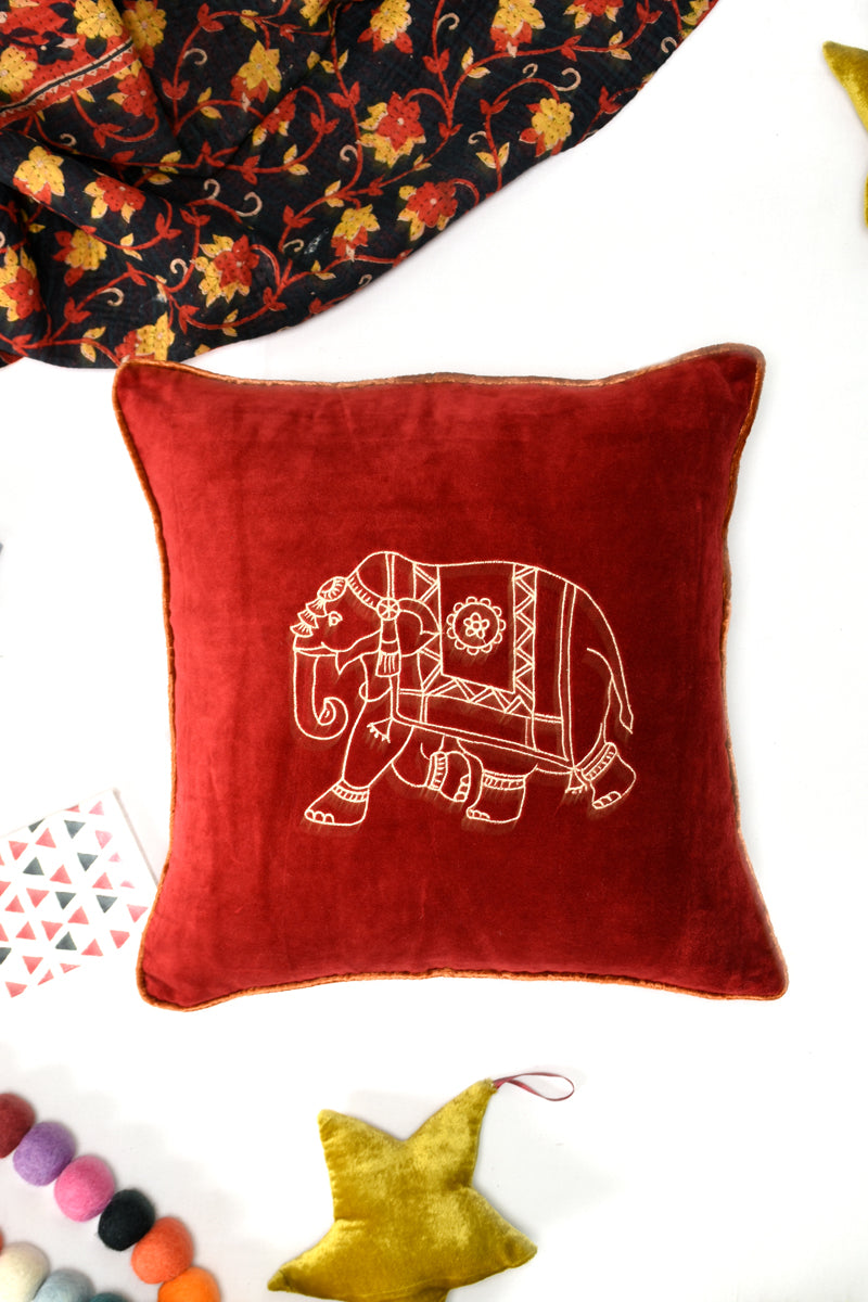 Royal Elephant – Embroidered Velvet Cushion Cover | 16" x 16"