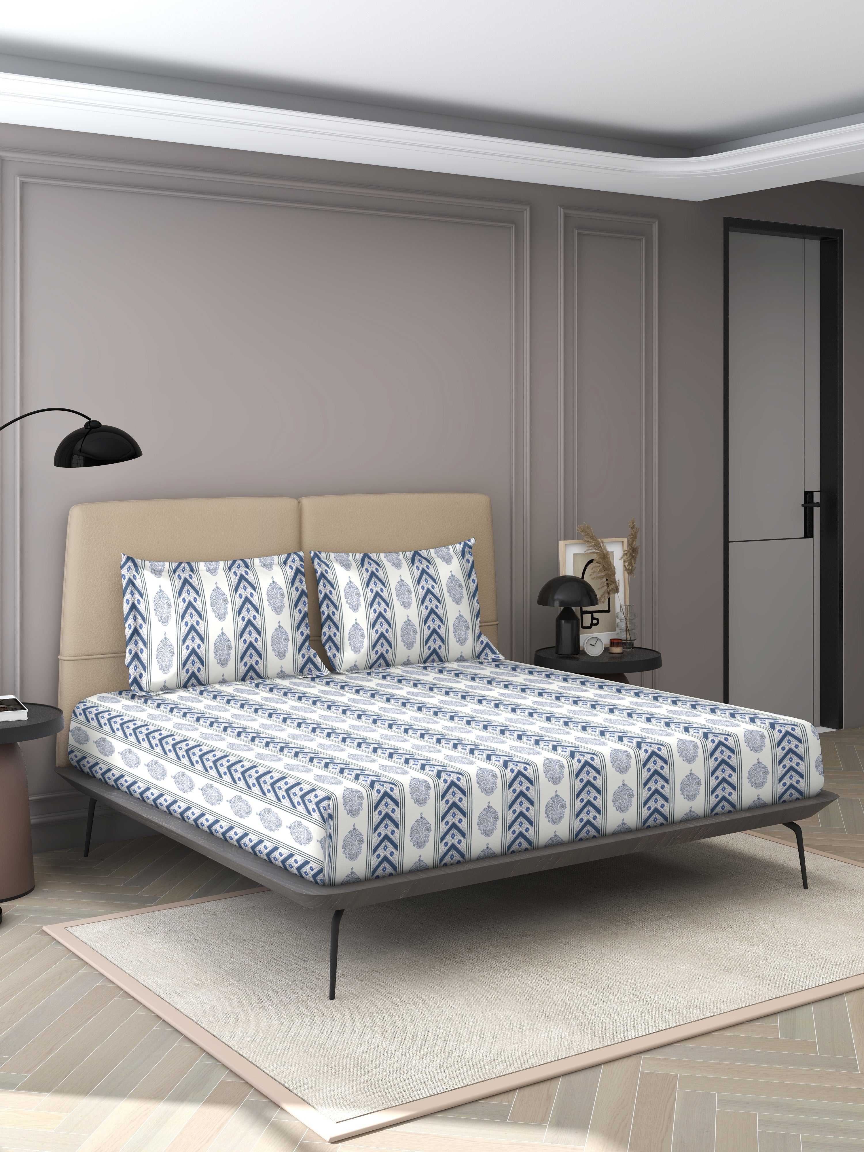 Rajvi Stria king size pure cotton bed sheet set with pillow covers from Ocean Home.