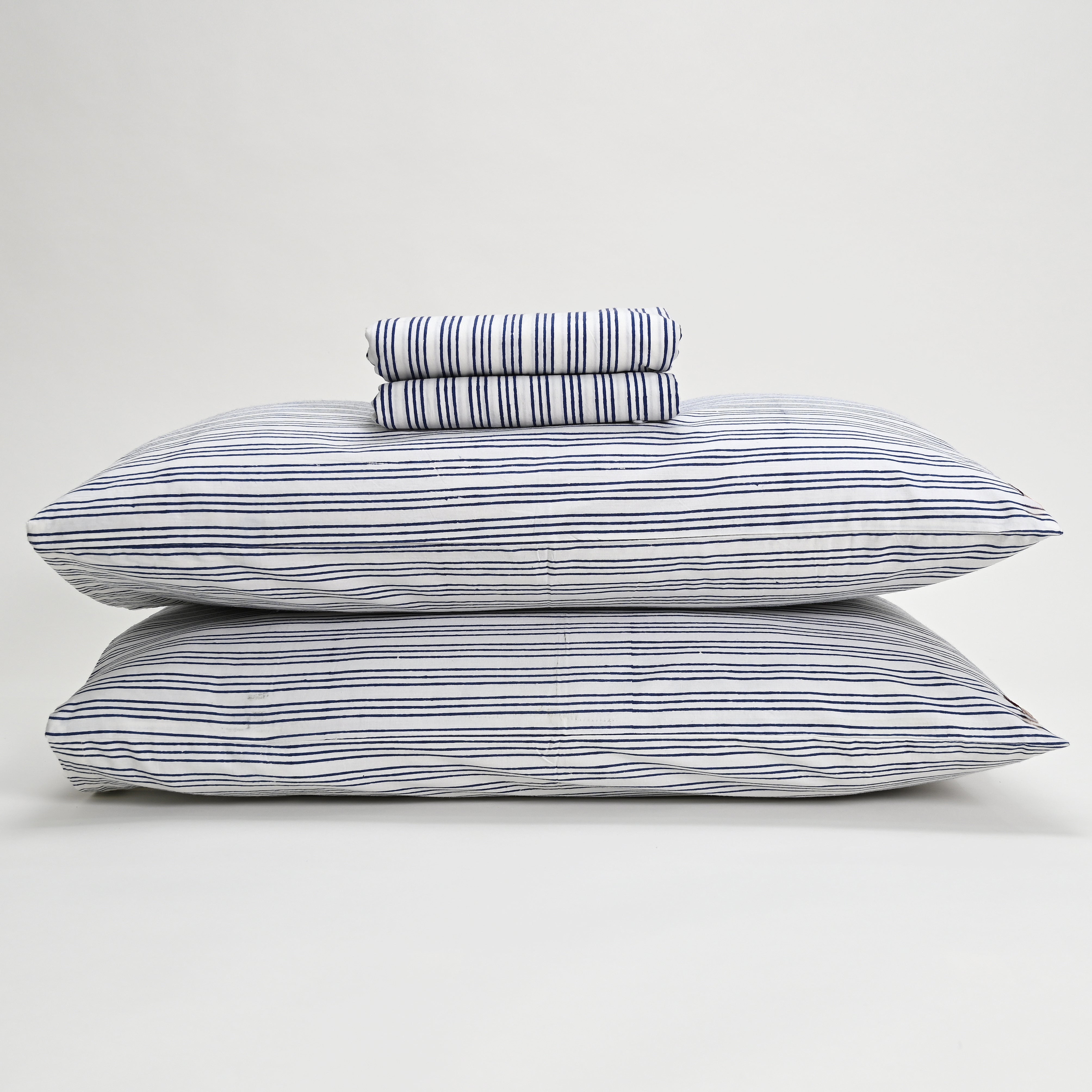 Triple Stripes Blue Block Printed Bed Sheet with set of shams