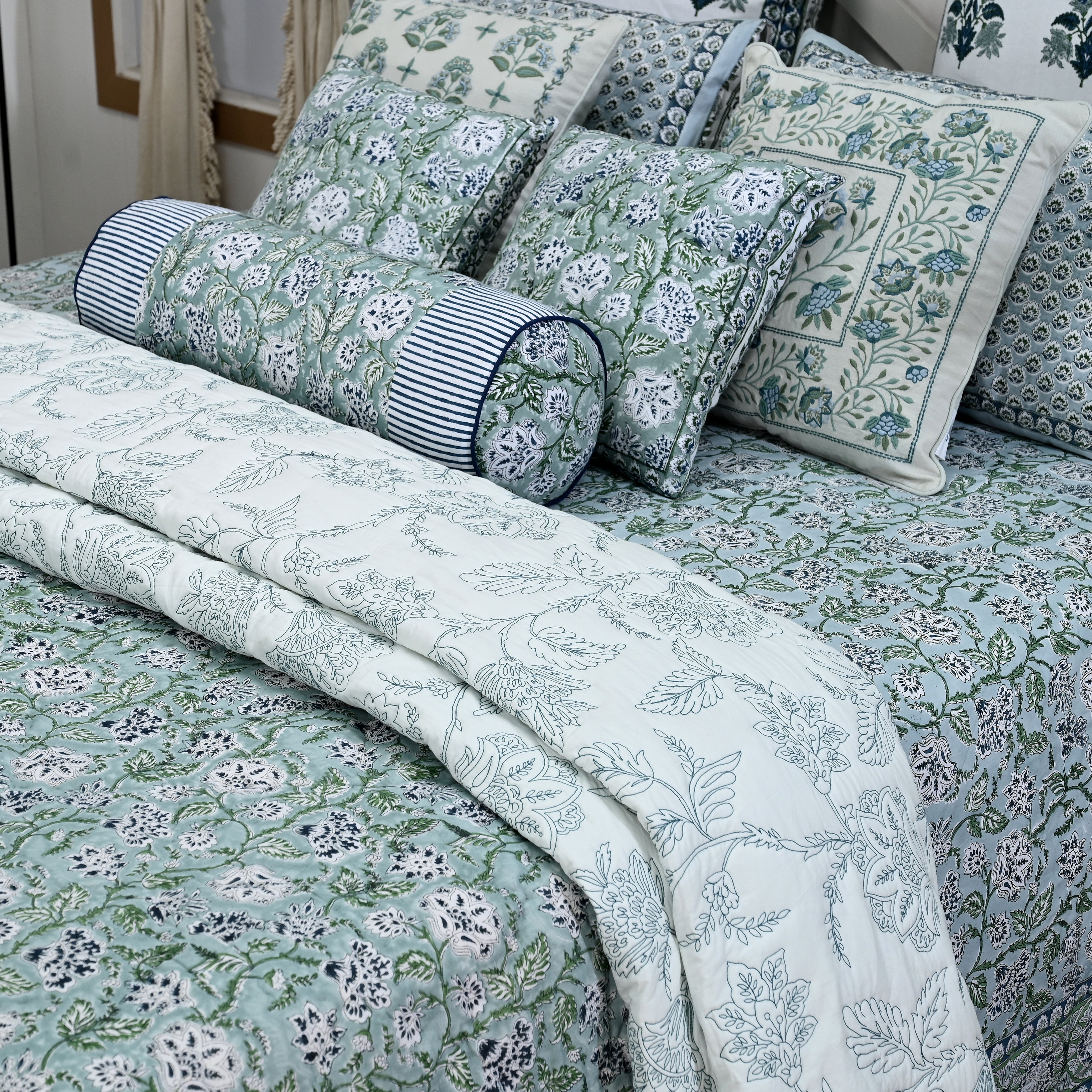 Hanami Hand Block Printed King Bedding Set | 100% Cotton | Quilt & Embroidered Coverlet