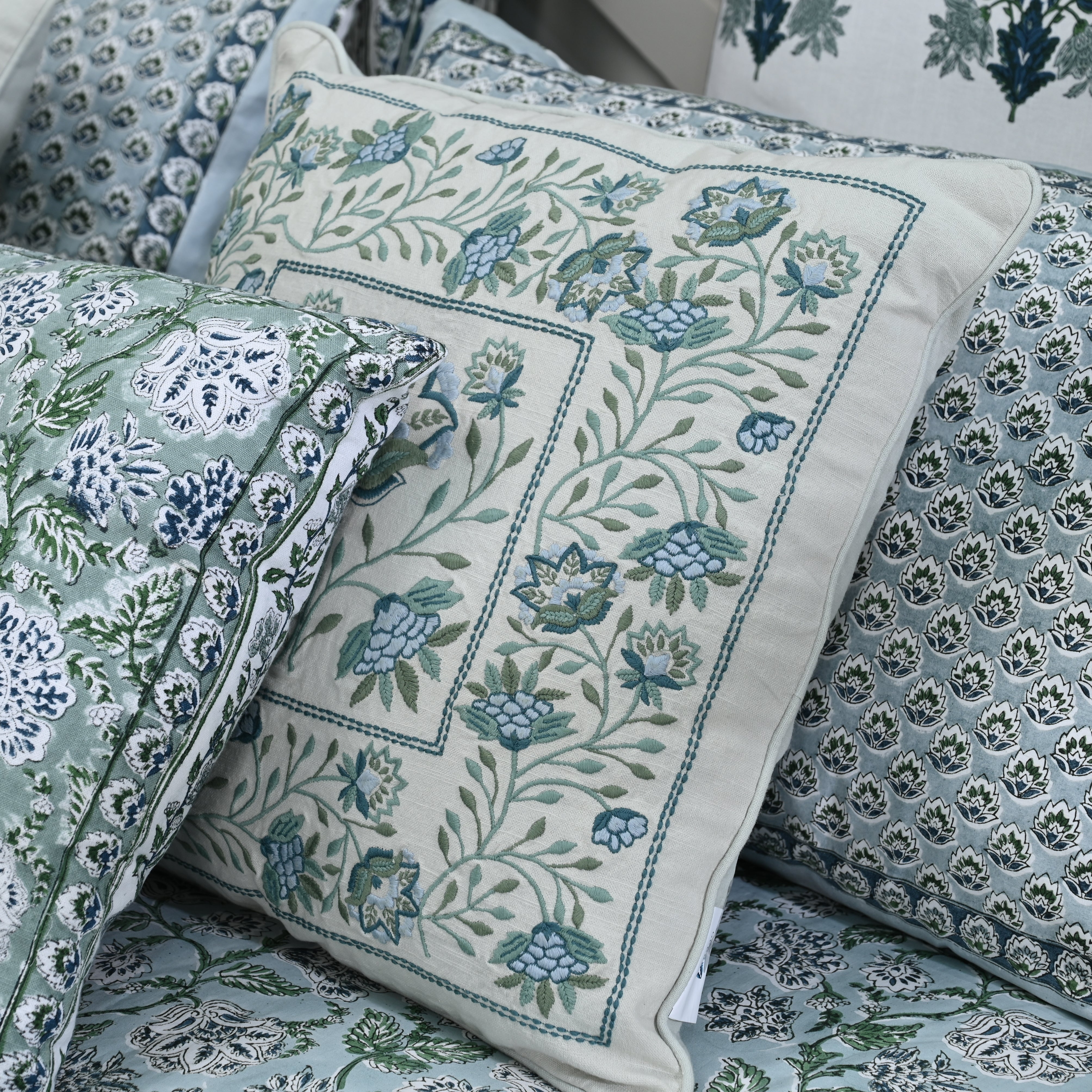 Hanami Hand Block Printed King Bedding Set | 100% Cotton | Quilt & Embroidered Coverlet