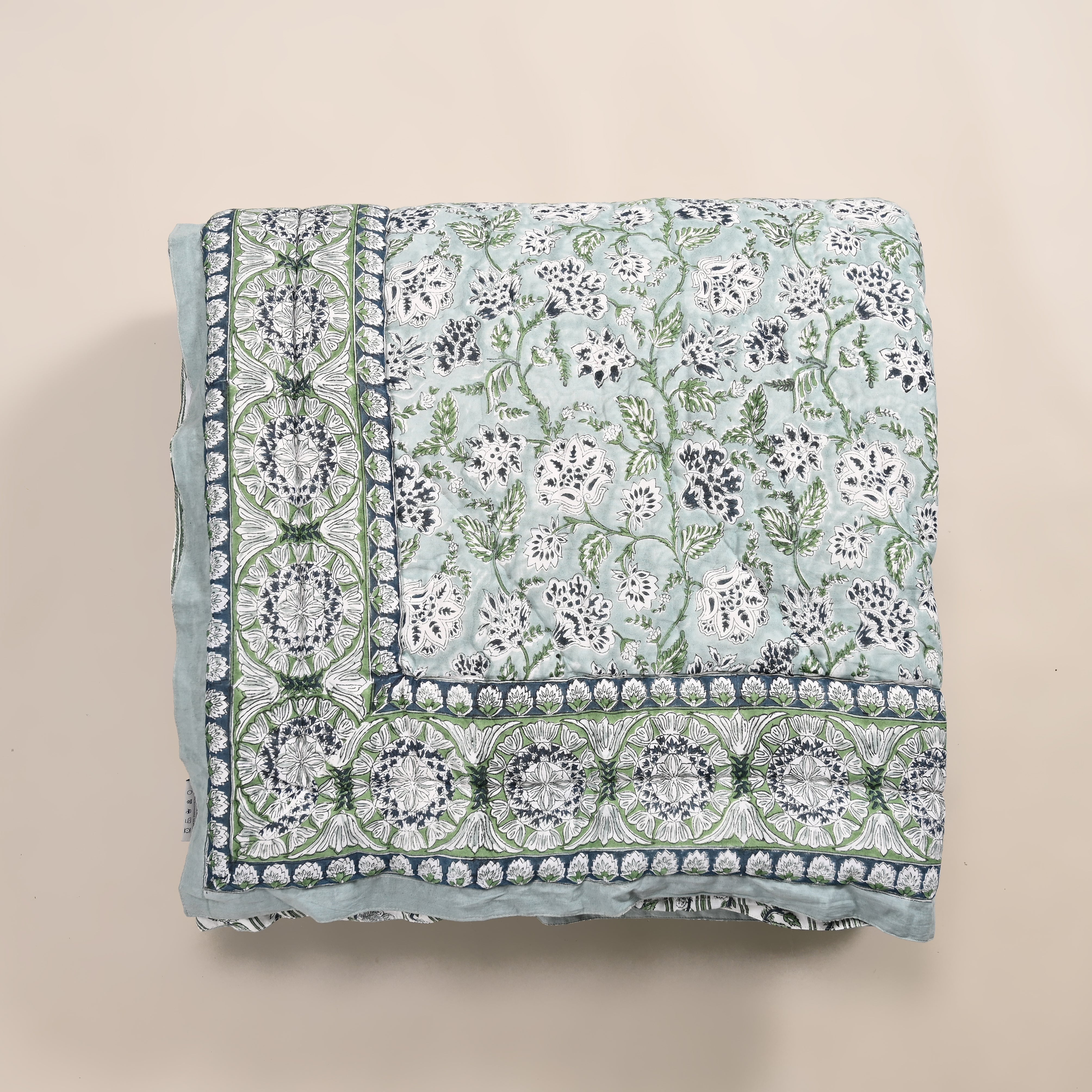 Hanami Hand Block Printed King Bedding Set | 100% Cotton | Quilt & Embroidered Coverlet