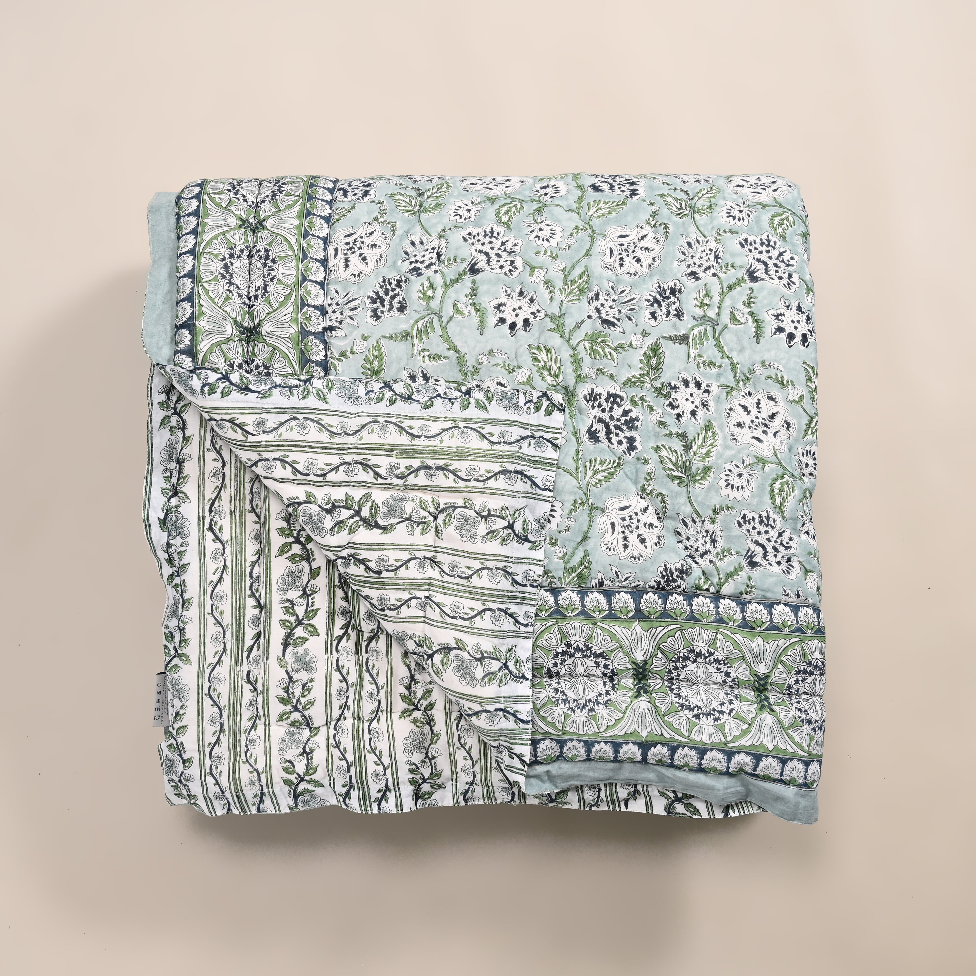 Hanami Hand Block Printed King Bedding Set | 100% Cotton | Quilt & Embroidered Coverlet