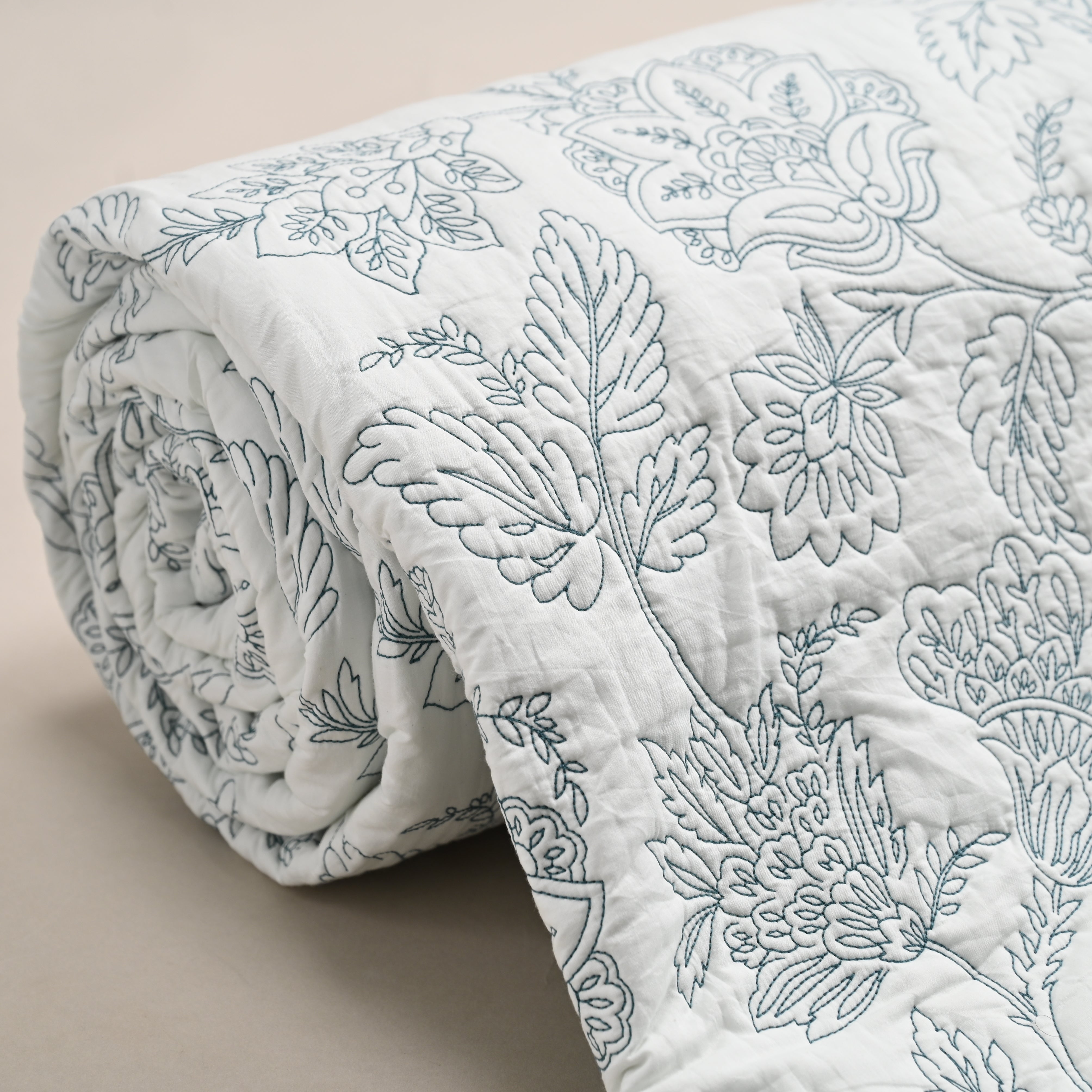 Hanami Hand Block Printed King Bedding Set | 100% Cotton | Quilt & Embroidered Coverlet
