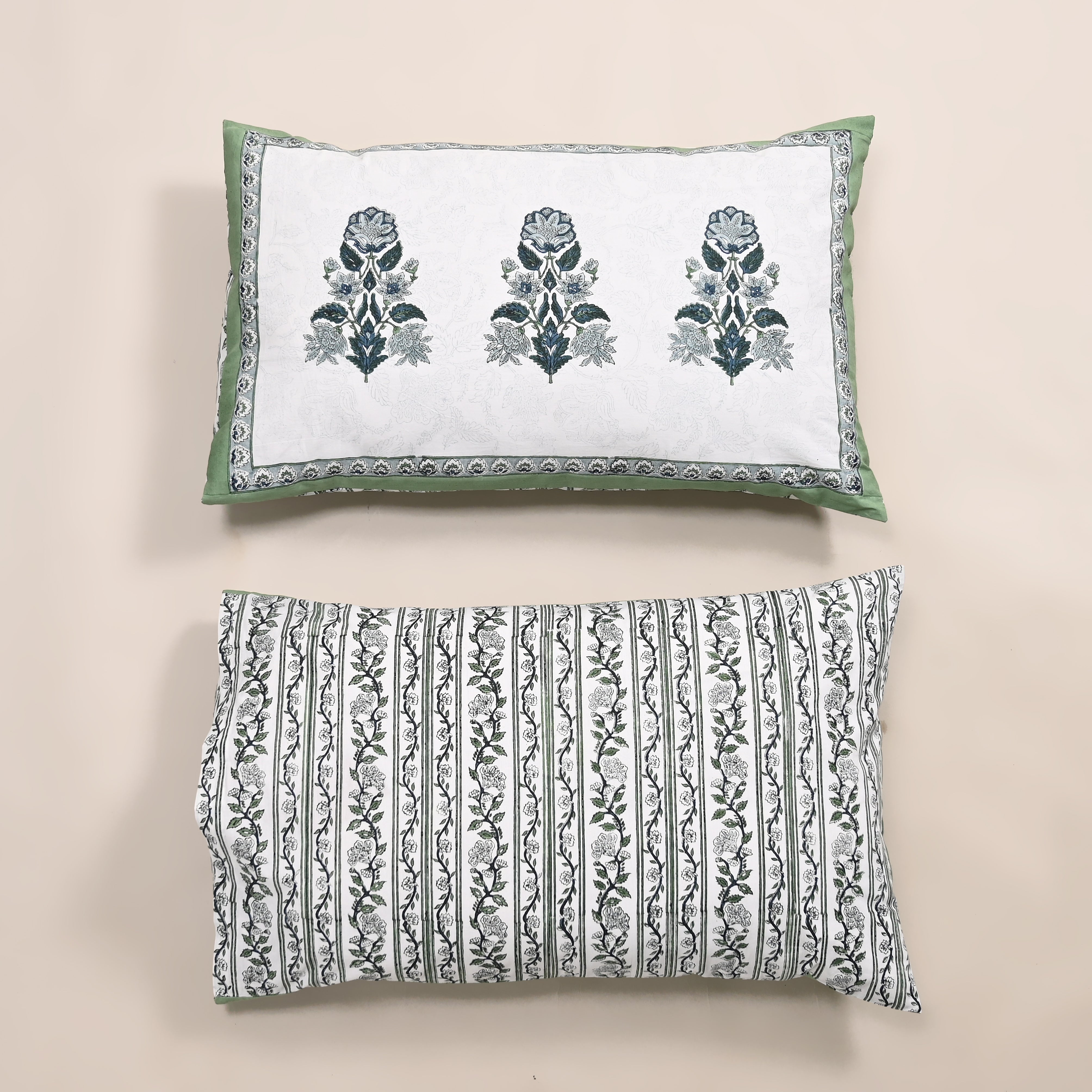 Hanami Hand Block Printed King Bedding Set | 100% Cotton | Quilt & Embroidered Coverlet
