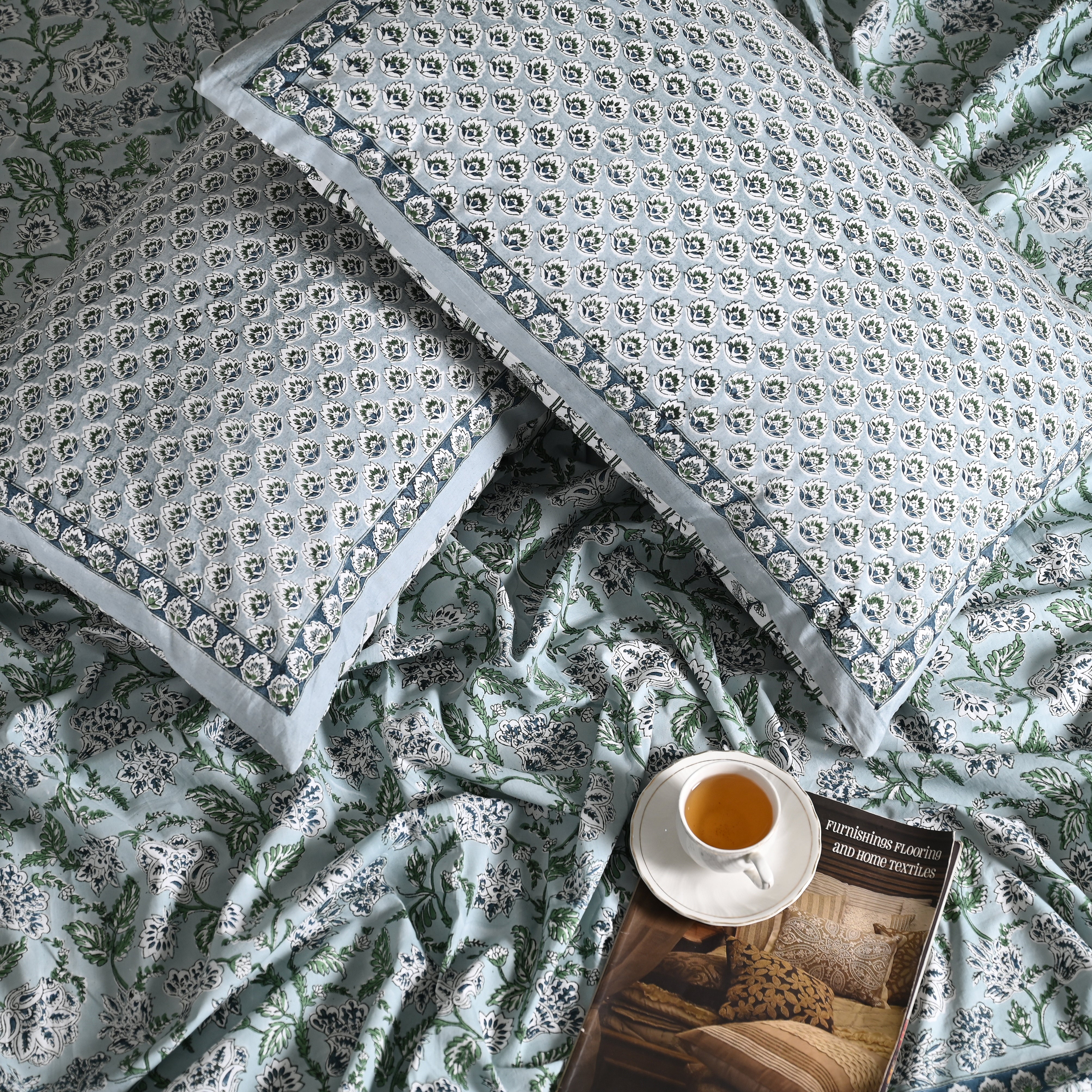 Hanami Hand Block Printed King Bedding Set | 100% Cotton | Quilt & Embroidered Coverlet