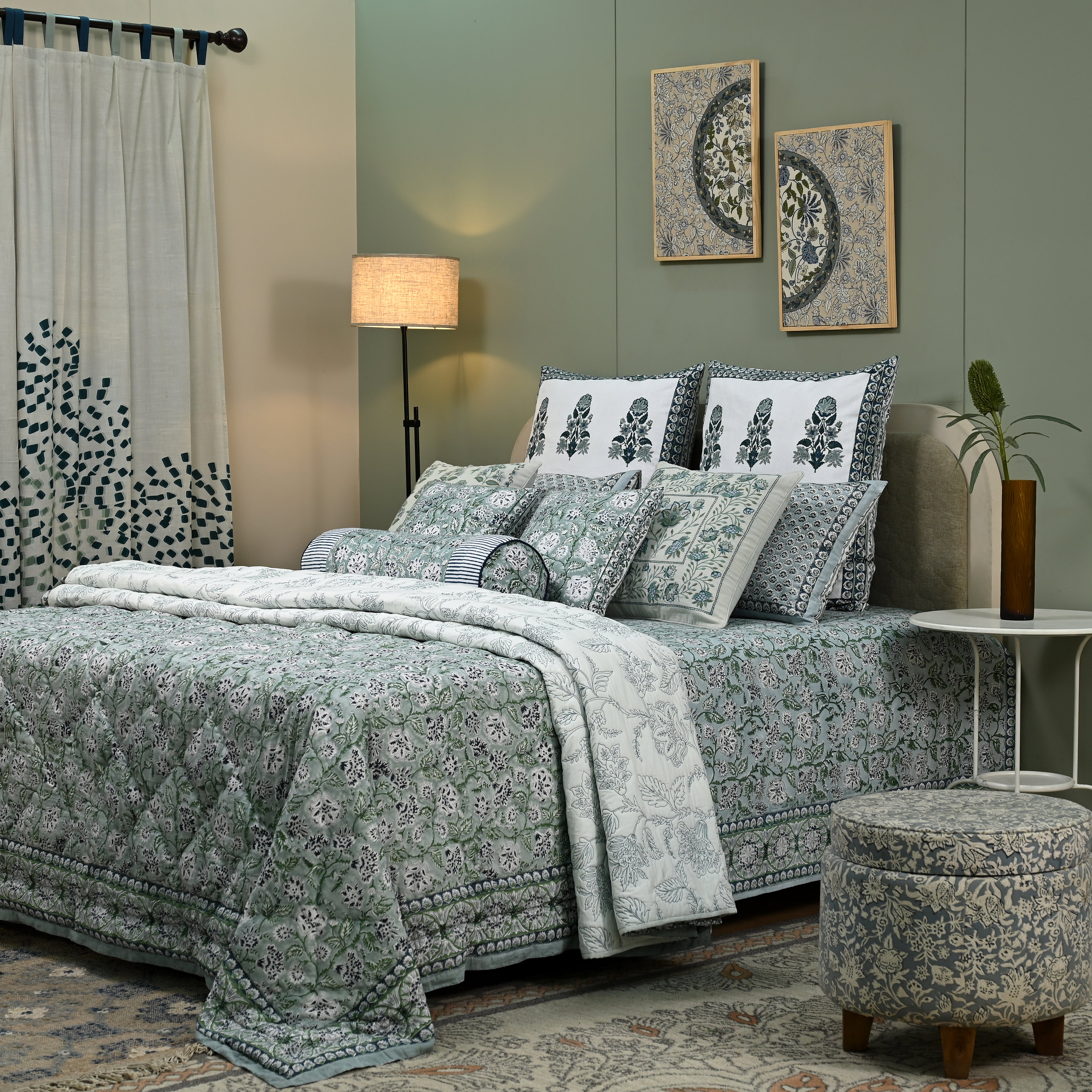 Hanami Jaal 12-Piece King Bedding Set | 100% Cotton | Block-Printed Quilt & Embroidered Coverlet