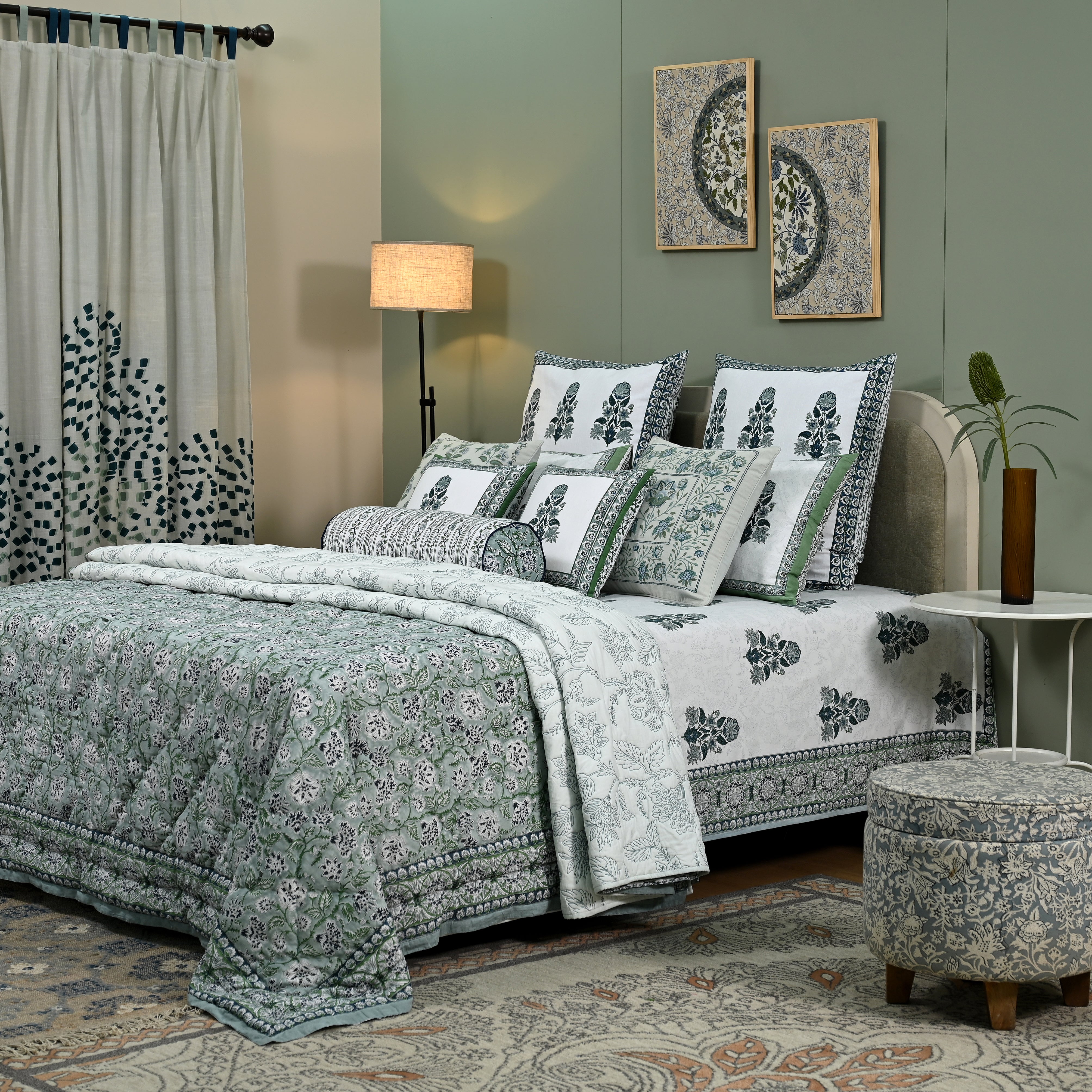 Hanami Buta 12-Piece King Bedding Set | 100% Cotton | Block-Printed Quilt & Embroidered Coverlet