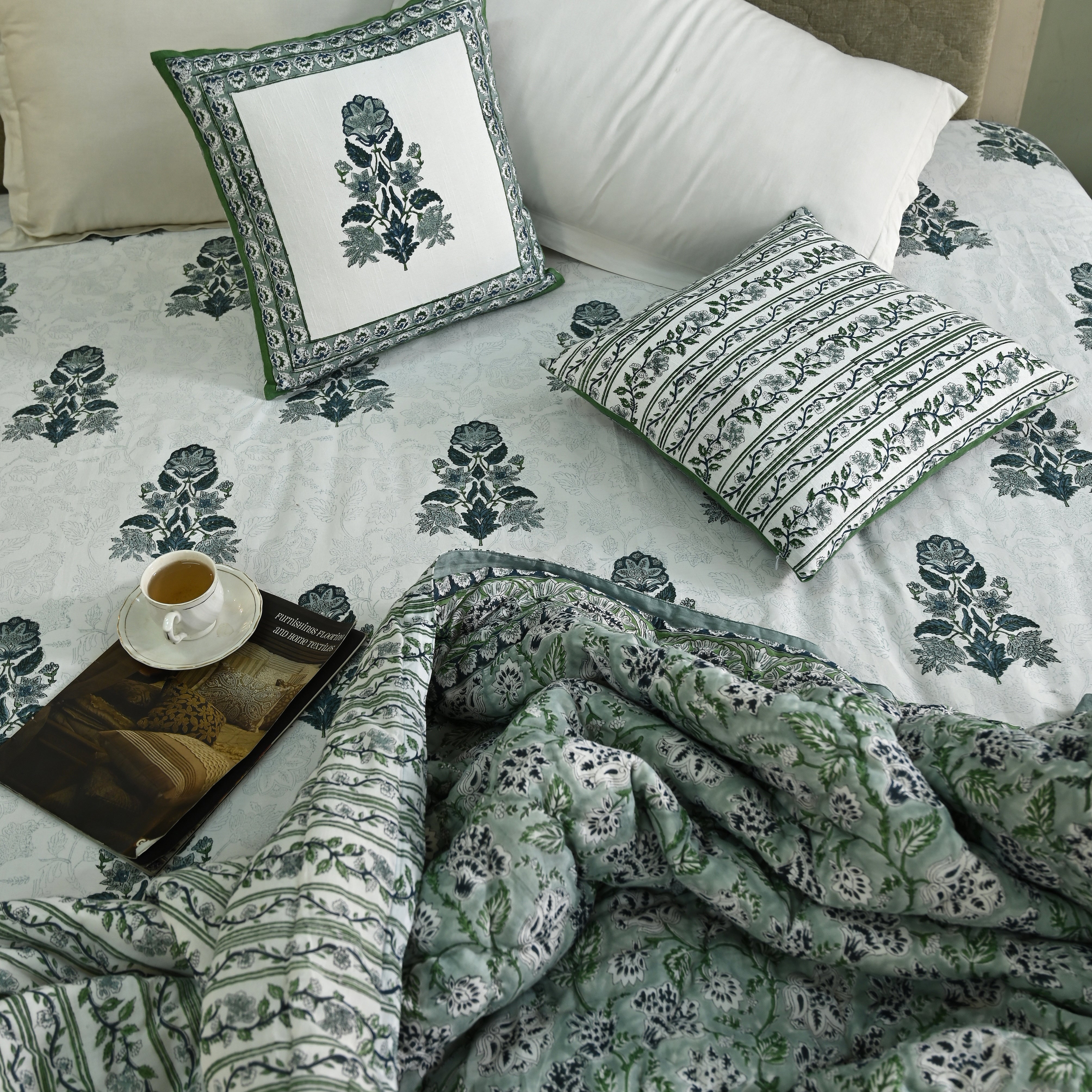 Hanami Buta 12-Piece King Bedding Set | 100% Cotton | Block-Printed Quilt & Embroidered Coverlet