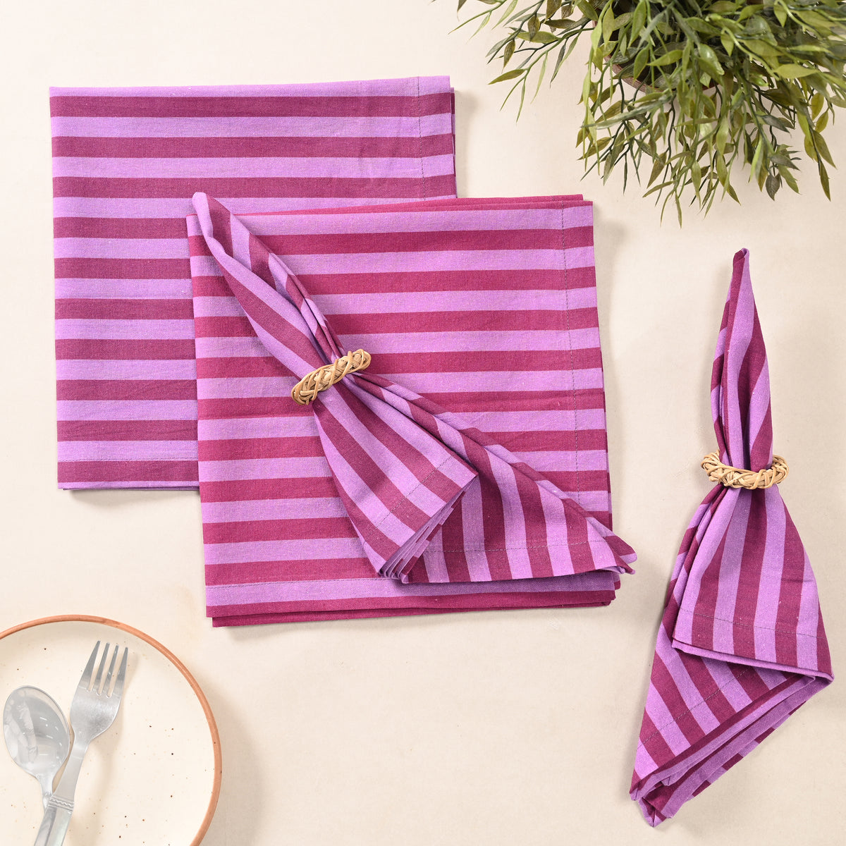 Berry Bliss Stripe Cotton Napkins – Pink &amp; Magenta | Set of 4 & 8 | 18 × 18 Inches