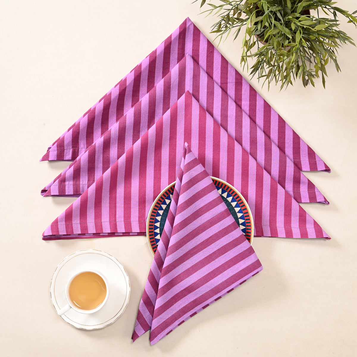 Berry Bliss Stripe Cotton Napkins – Pink &amp; Magenta | Set of 4 & 8 | 18 × 18 Inches