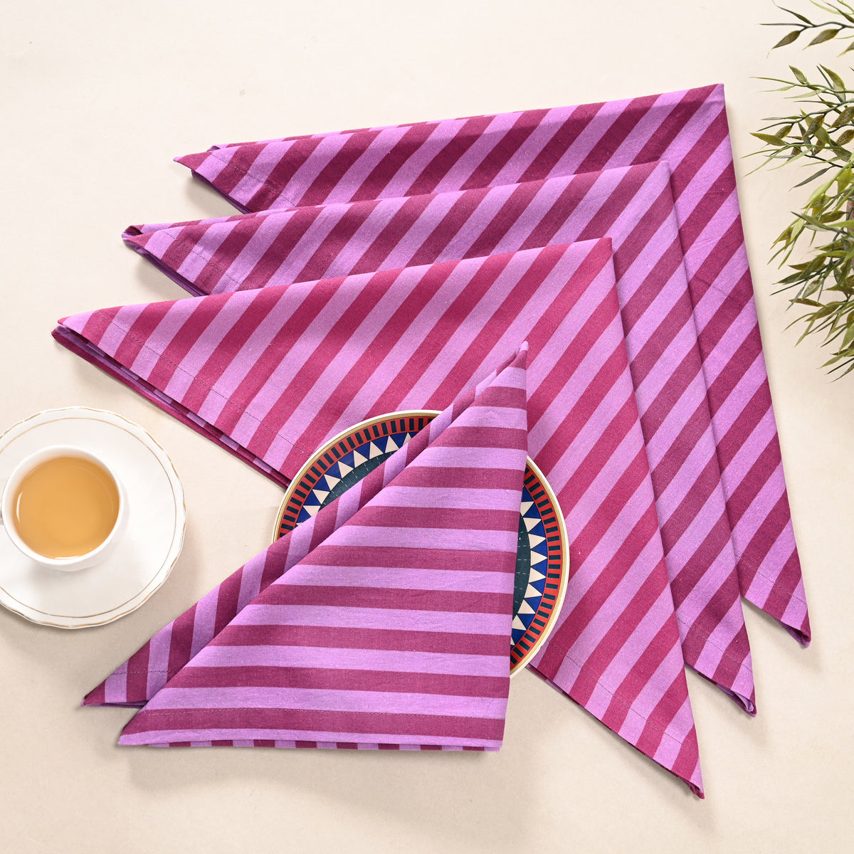 Berry Bliss Stripe Cotton Napkins – Pink &amp; Magenta | Set of 4 & 8 | 18 × 18 Inches