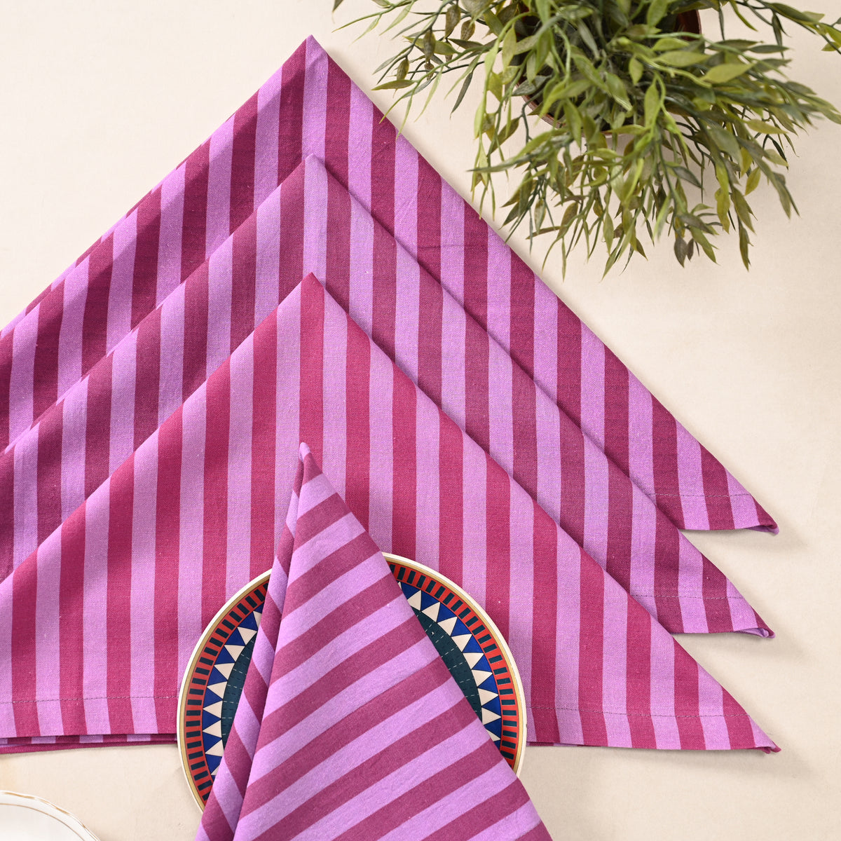 Berry Bliss Stripe Cotton Napkins – Pink &amp; Magenta | Set of 4 & 8 | 18 × 18 Inches