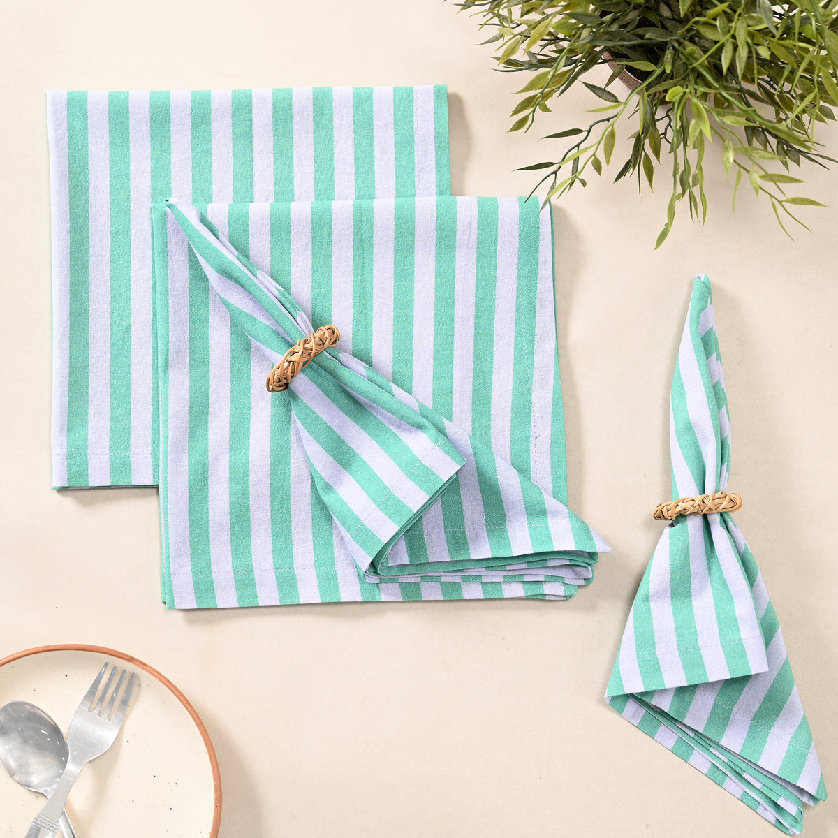 Coastal Mint Stripe Cotton Napkins – Mint Green | Set of 4 & 8 | 18 × 18 Inches