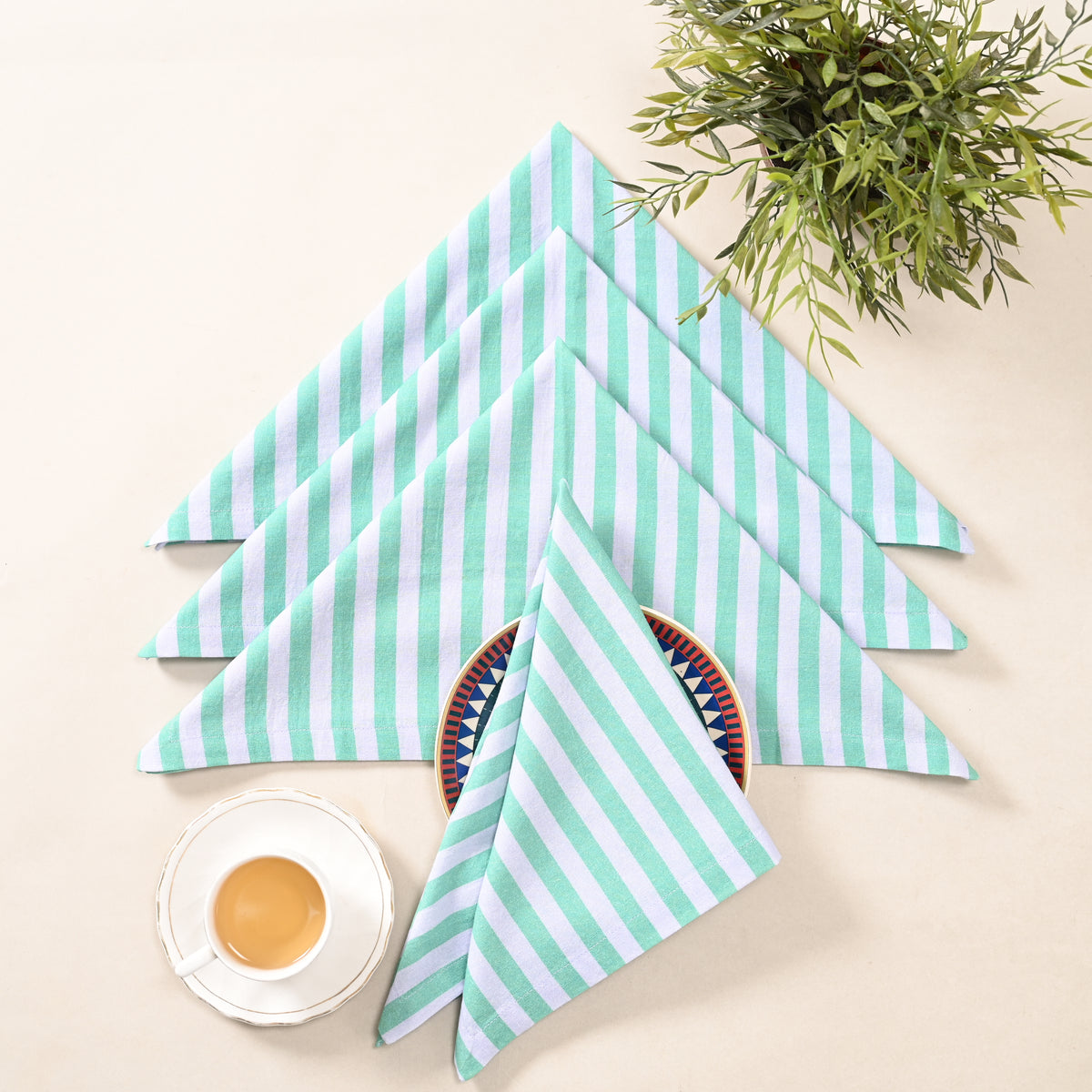 Coastal Mint Stripe Cotton Napkins – Mint Green | Set of 4 & 8 | 18 × 18 Inches