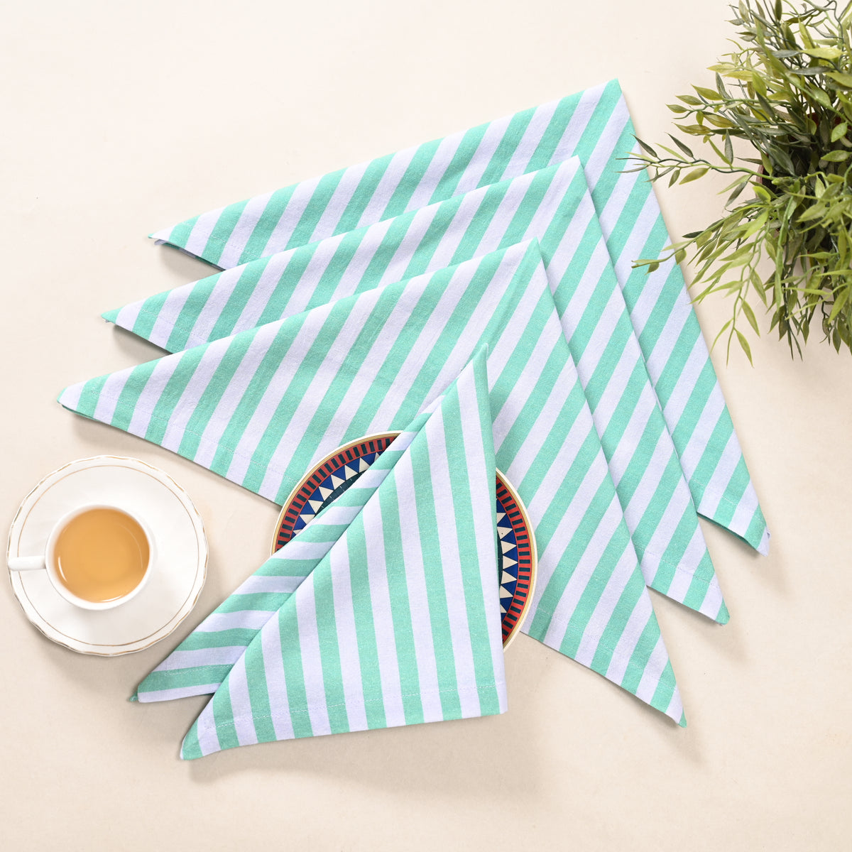 Coastal Mint Stripe Cotton Napkins – Mint Green | Set of 4 & 8 | 18 × 18 Inches