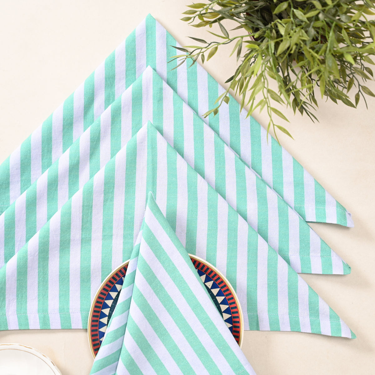 Coastal Mint Stripe Cotton Napkins – Mint Green | Set of 4 & 8 | 18 × 18 Inches