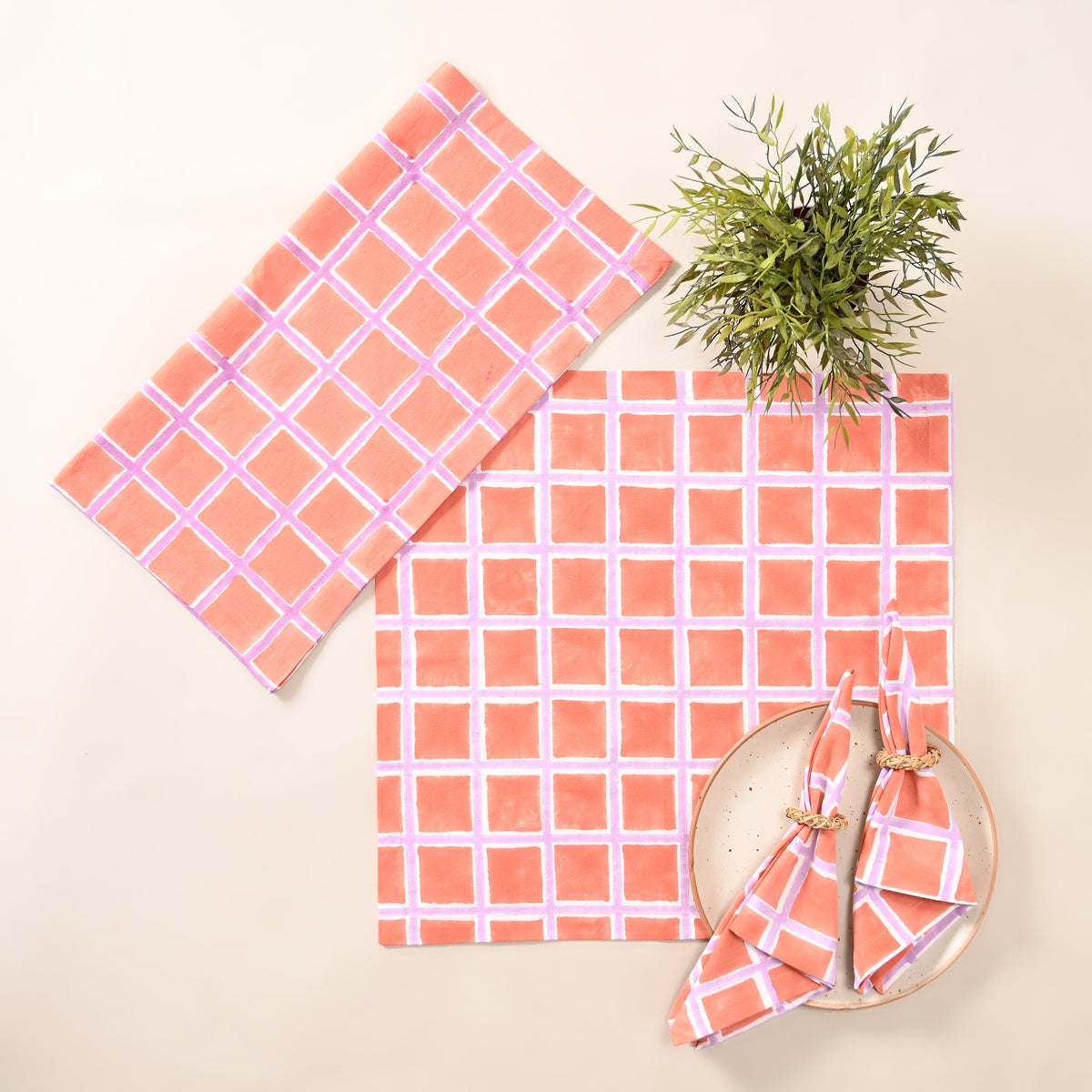 Coral Check Cotton Napkins – Peach & Lilac