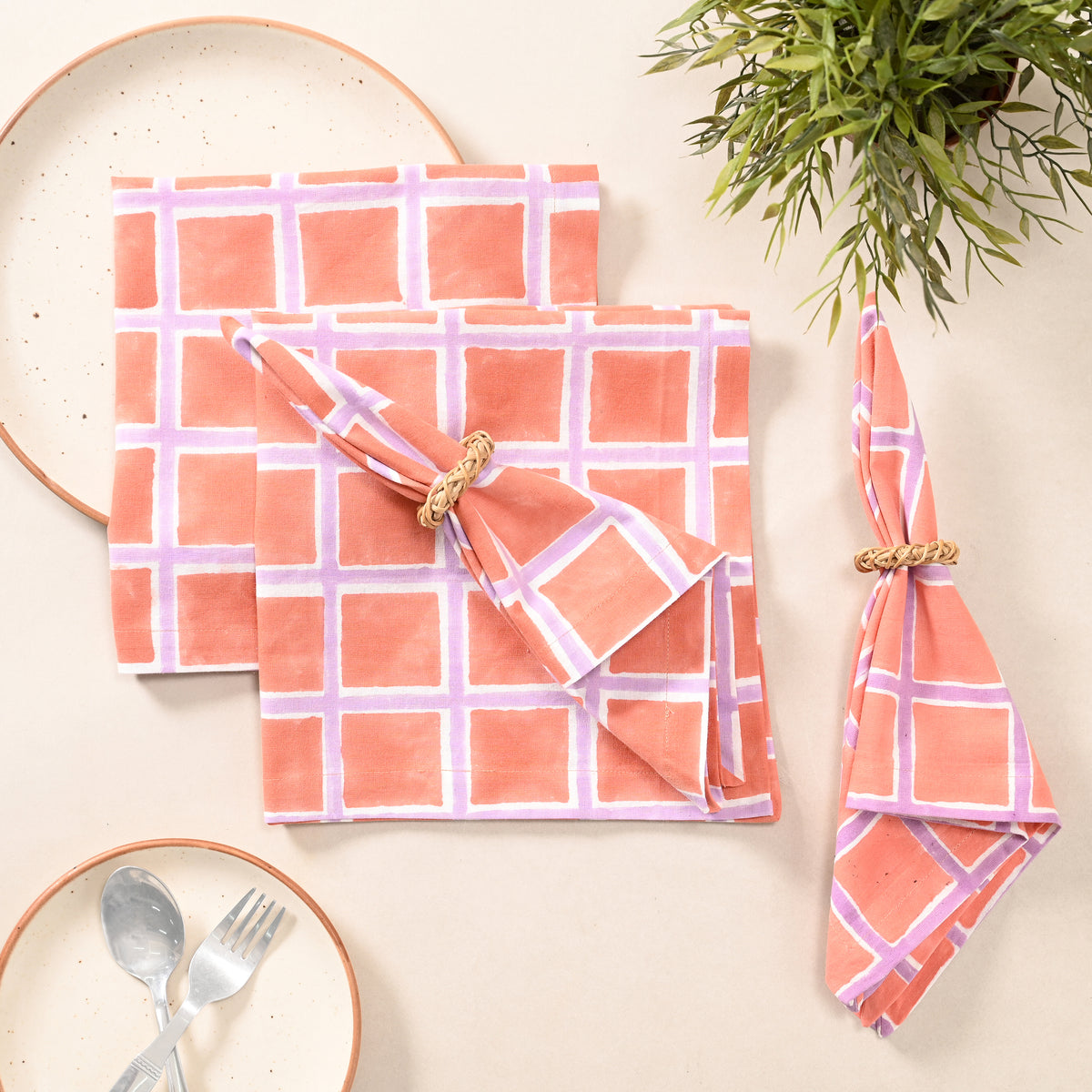 Coral Check Cotton Napkins – Peach & Lilac
