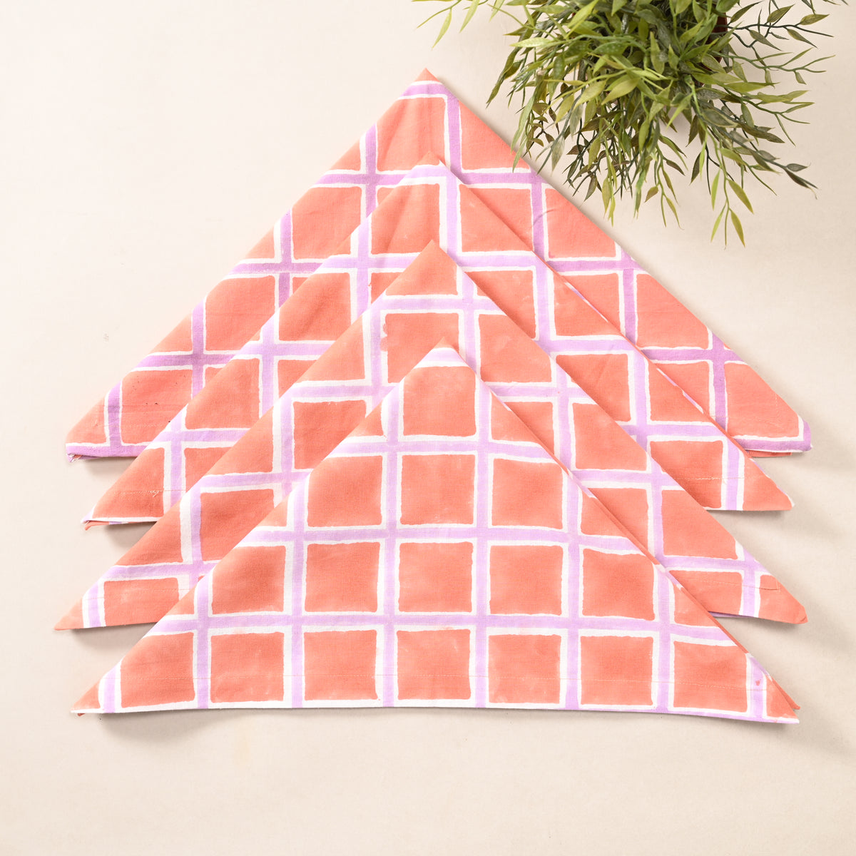 Coral Check Cotton Napkins – Peach & Lilac