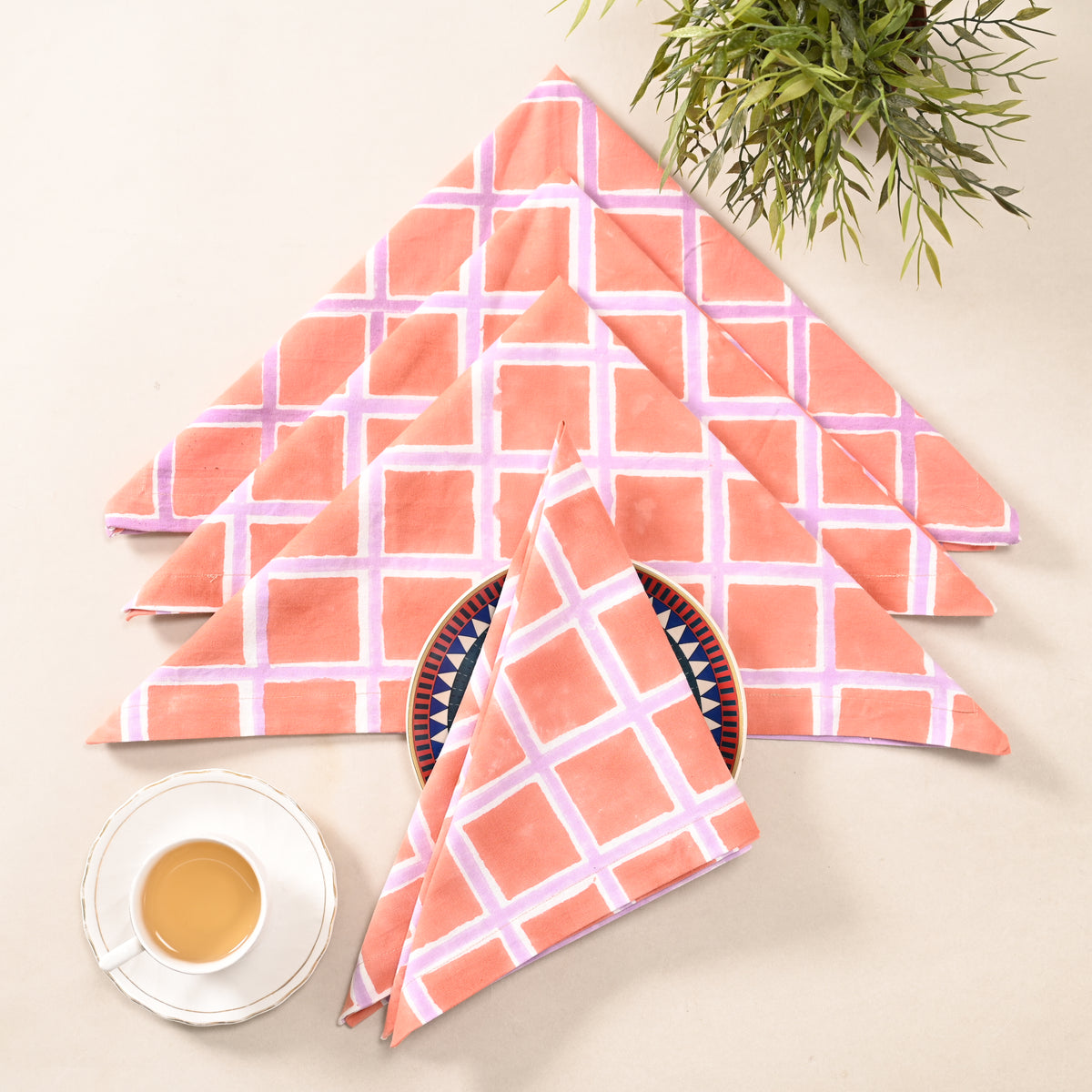 Coral Check Cotton Napkins – Peach & Lilac
