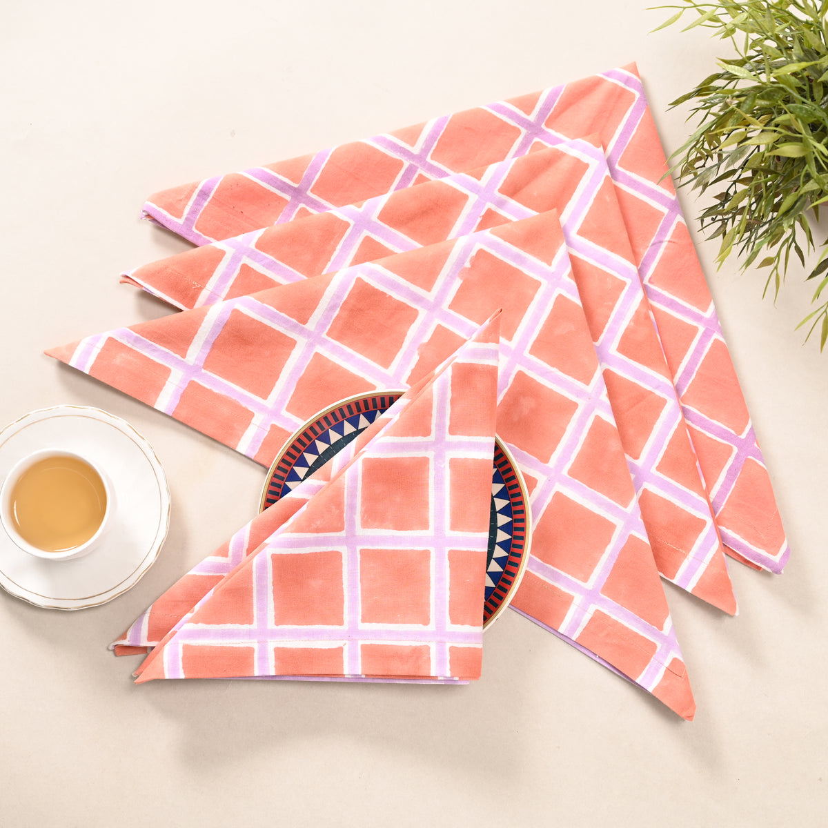 Coral Check Cotton Napkins – Peach & Lilac