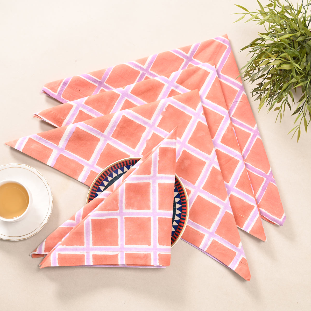 Coral Check Cotton Napkins – Peach & Lilac