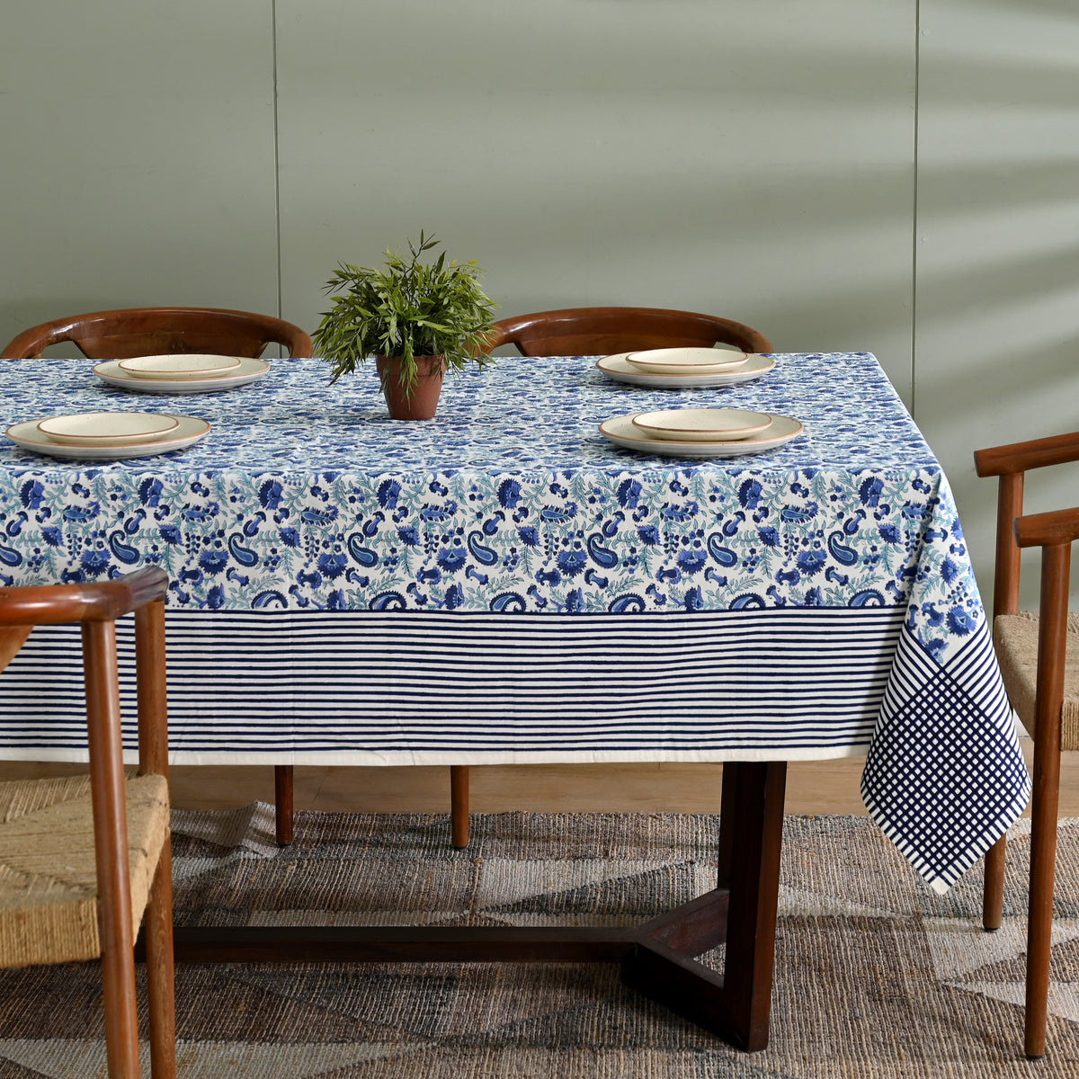Anjuman Blue Block Printed Table Cover