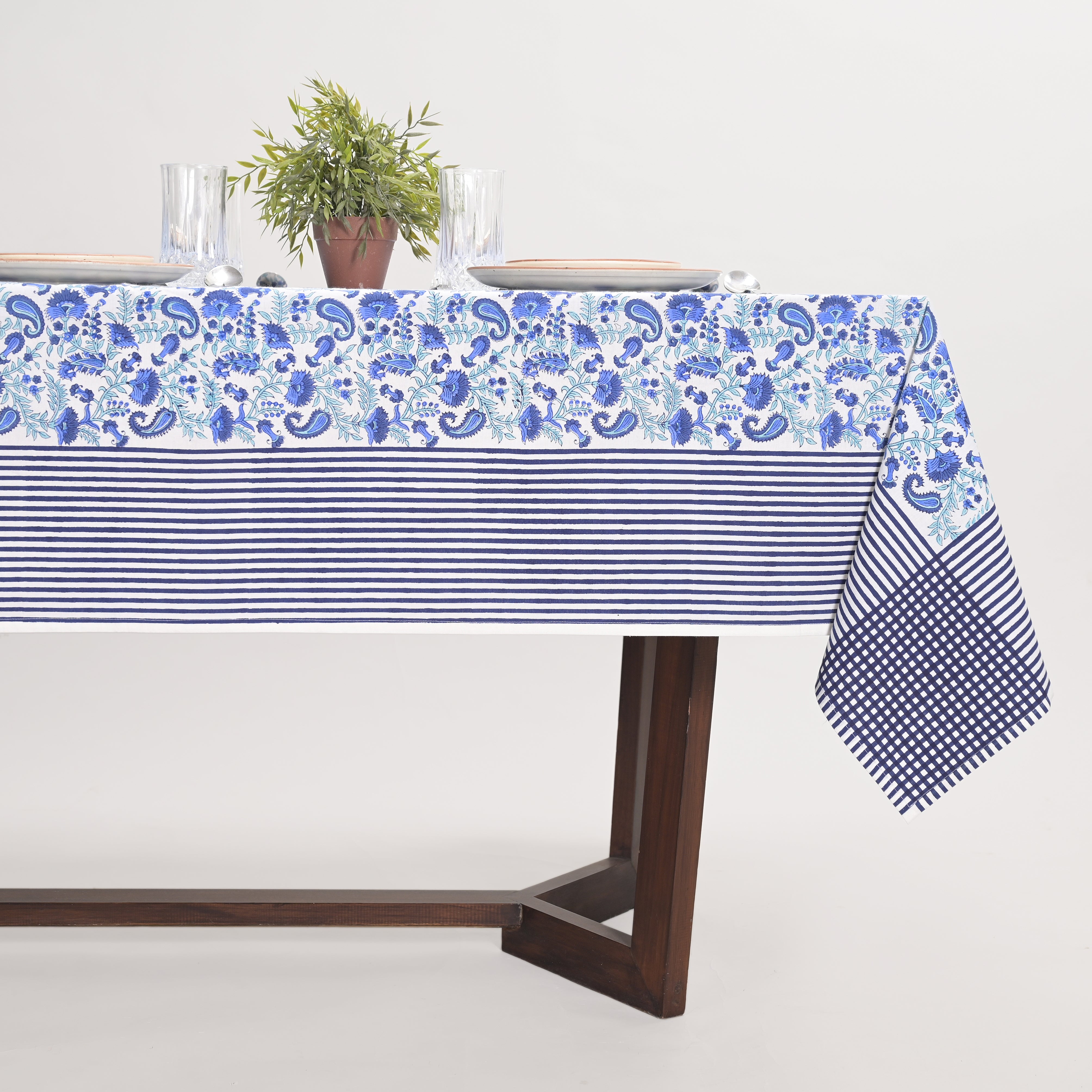 Anjuman Blue Block Printed Table Cover