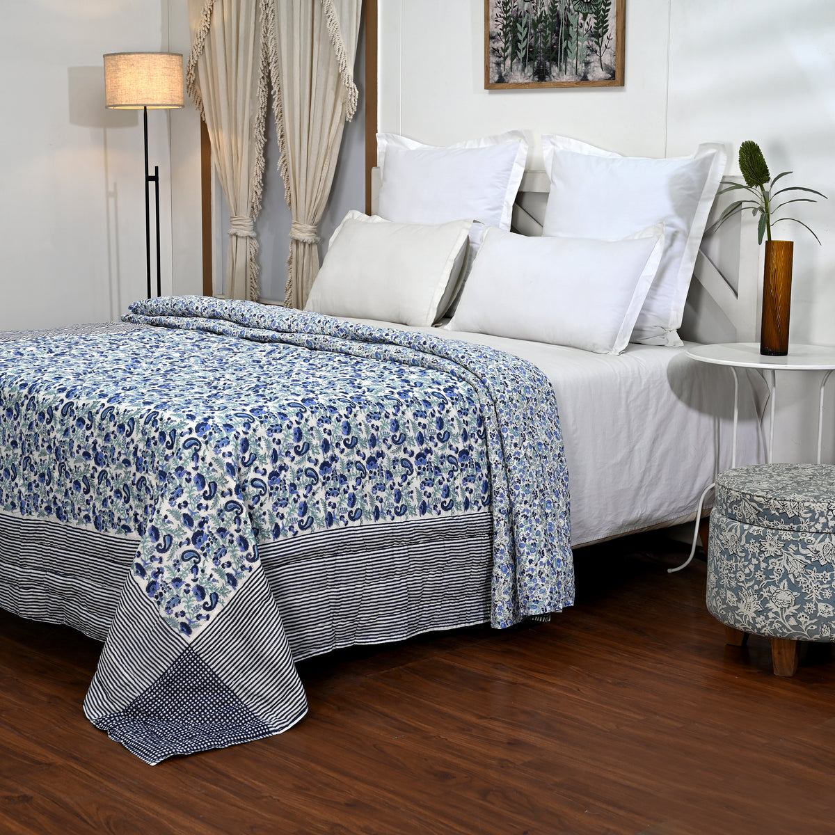 Anjuman Blue Block Printed Reversible Quilt