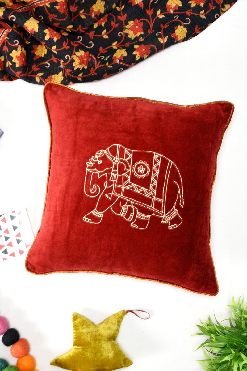 Royal Elephant – Embroidered Velvet Cushion Cover | 16" x 16"